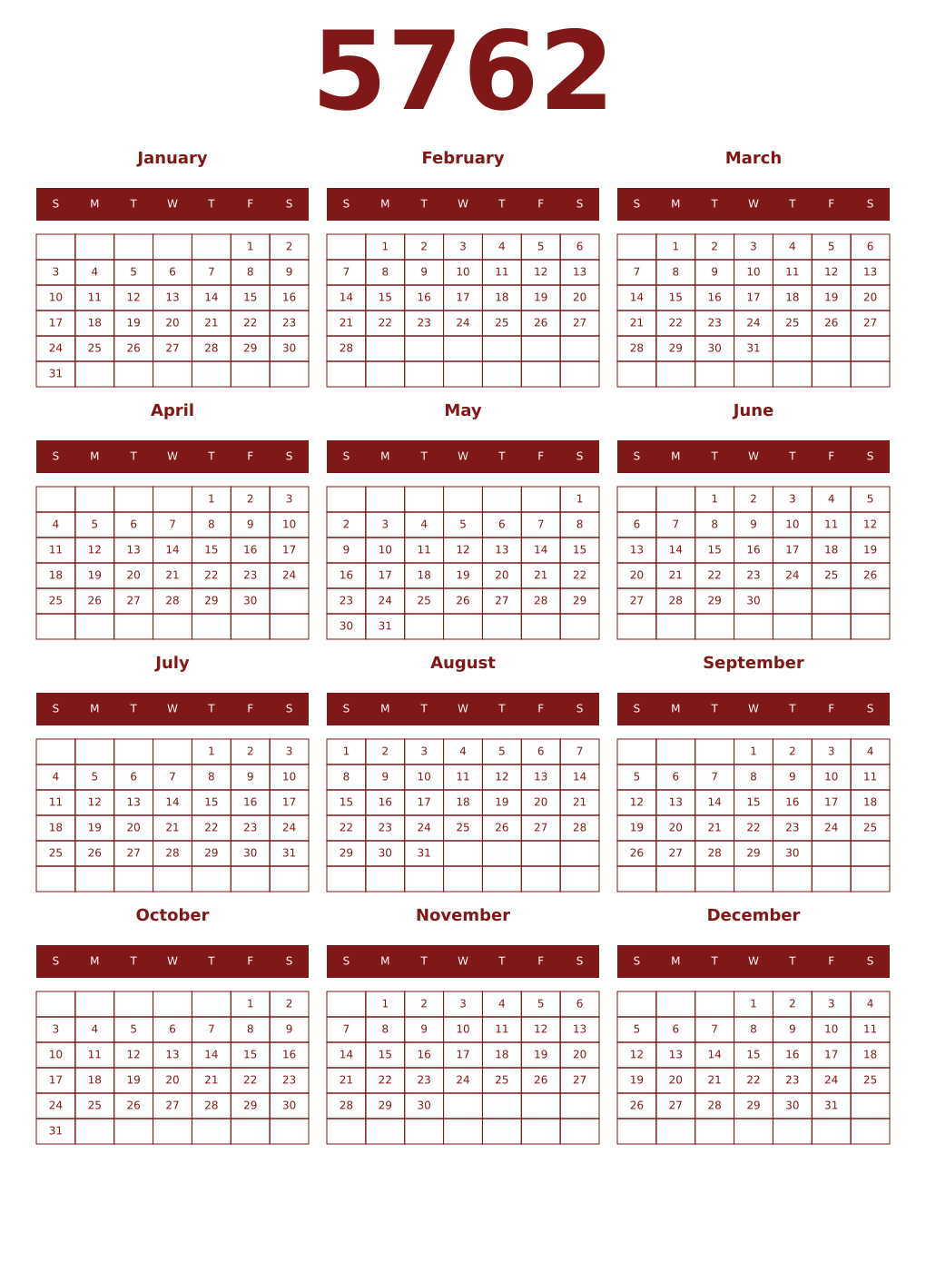 Printable 5762 Year Calendars falu