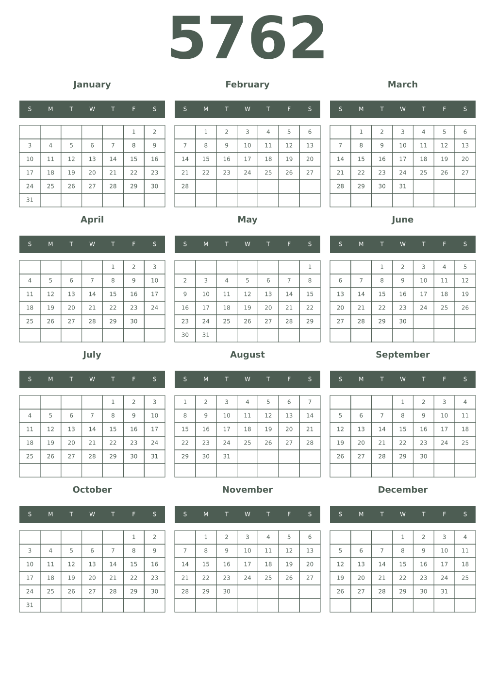 Printable 5762 Year Calendars feldgrau