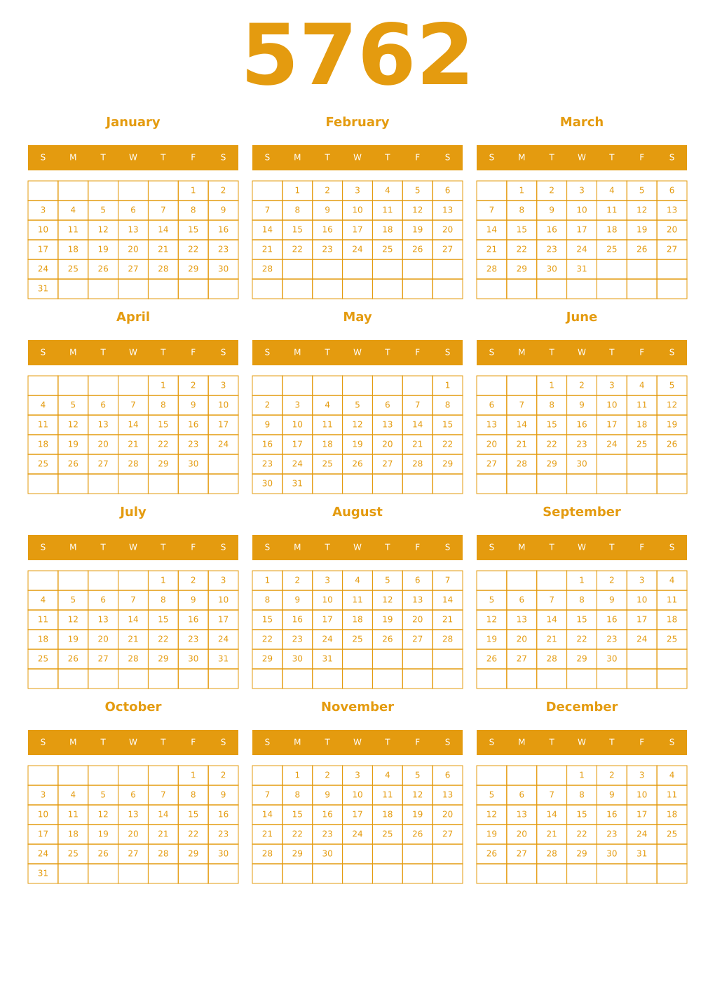 Printable 5762 Year Calendars gamboge