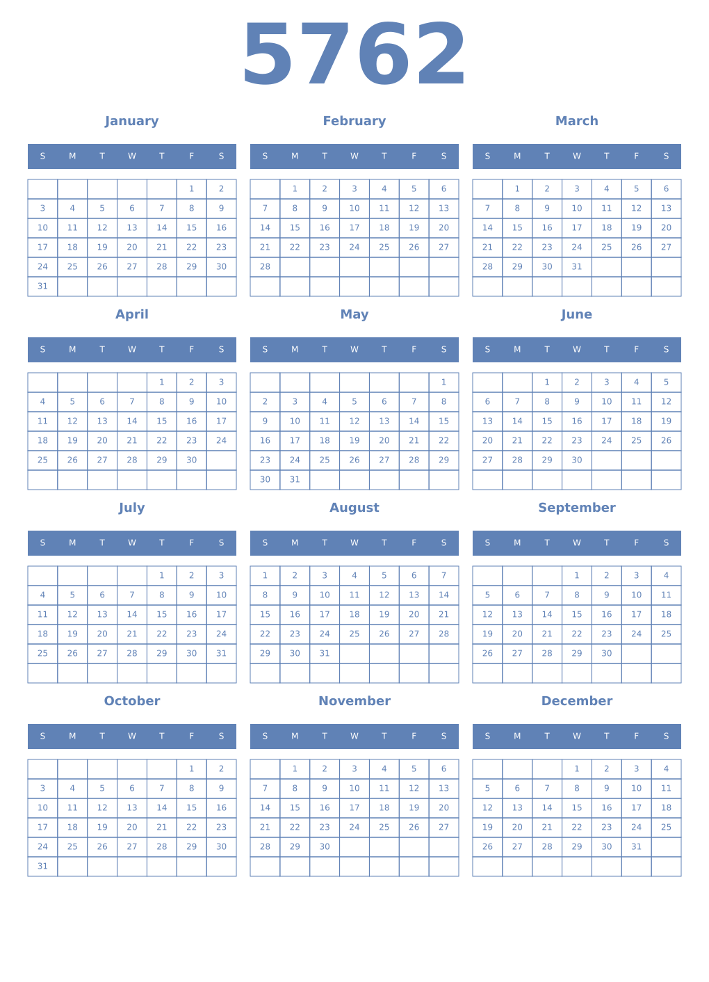 Printable 5762 Year Calendars glaucous