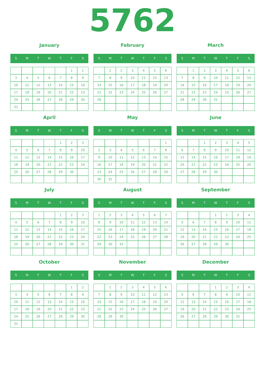 Printable 5762 Year Calendars green
