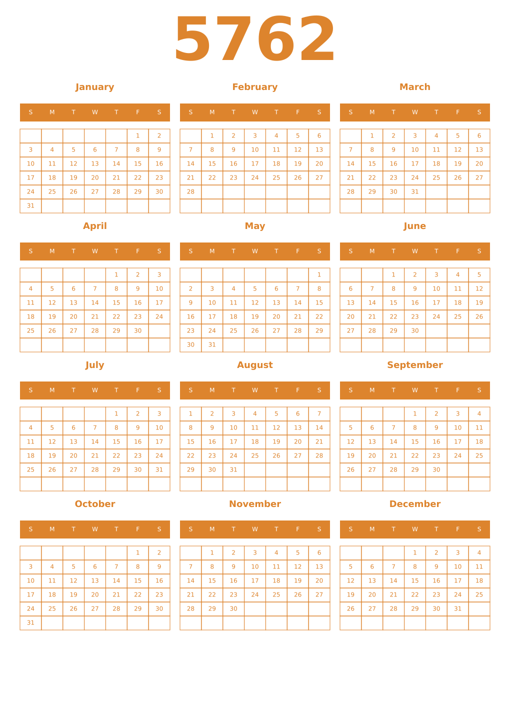 Printable 5762 Year Calendars orange
