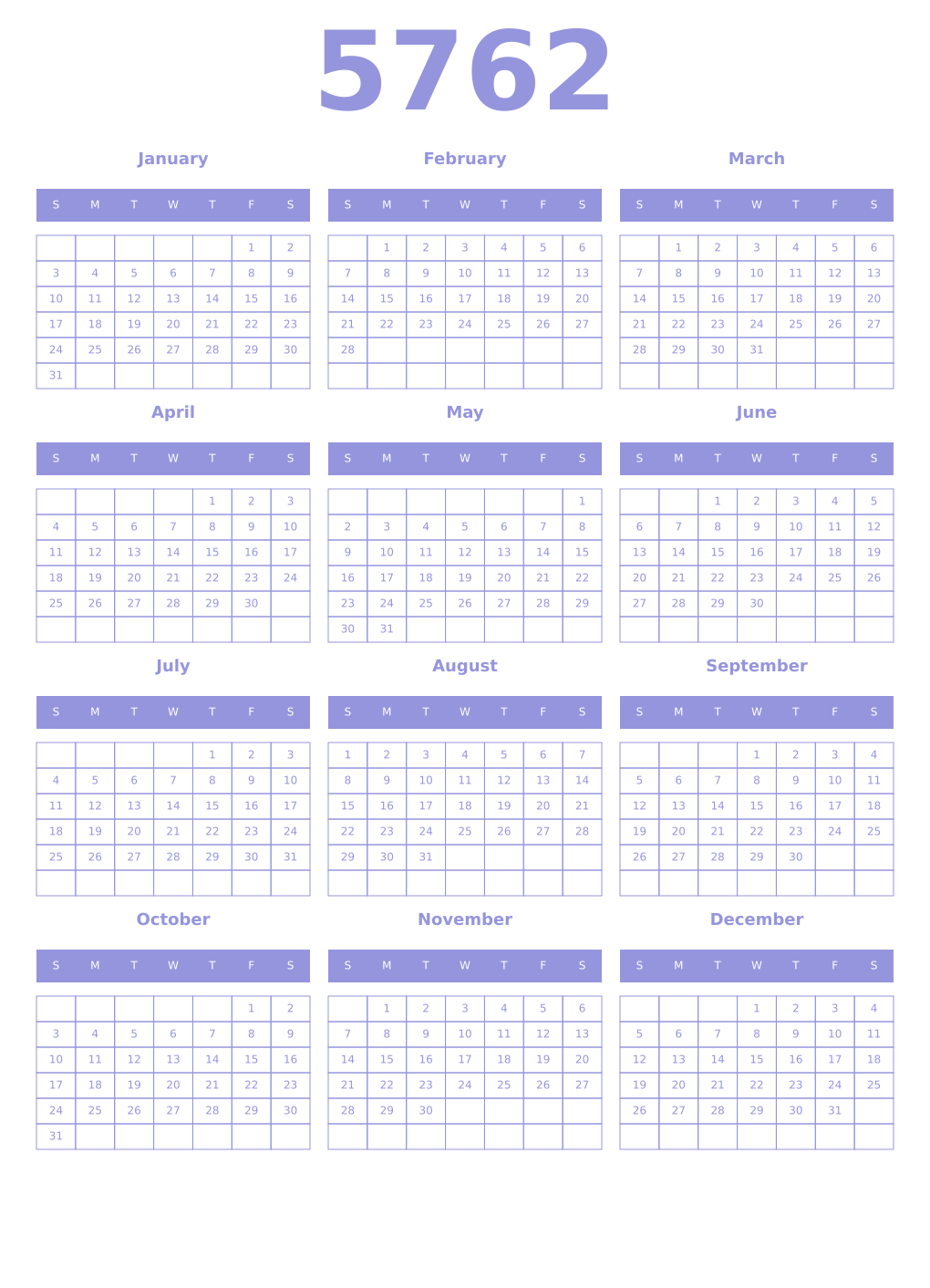 Printable 5762 Year Calendars periwinkle