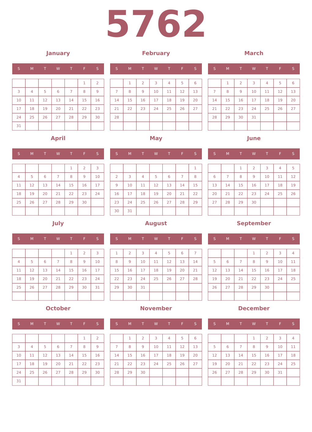 Printable 5762 Year Calendars puce