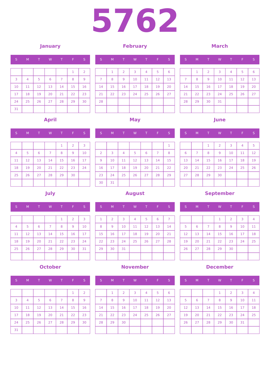Printable 5762 Year Calendars purple