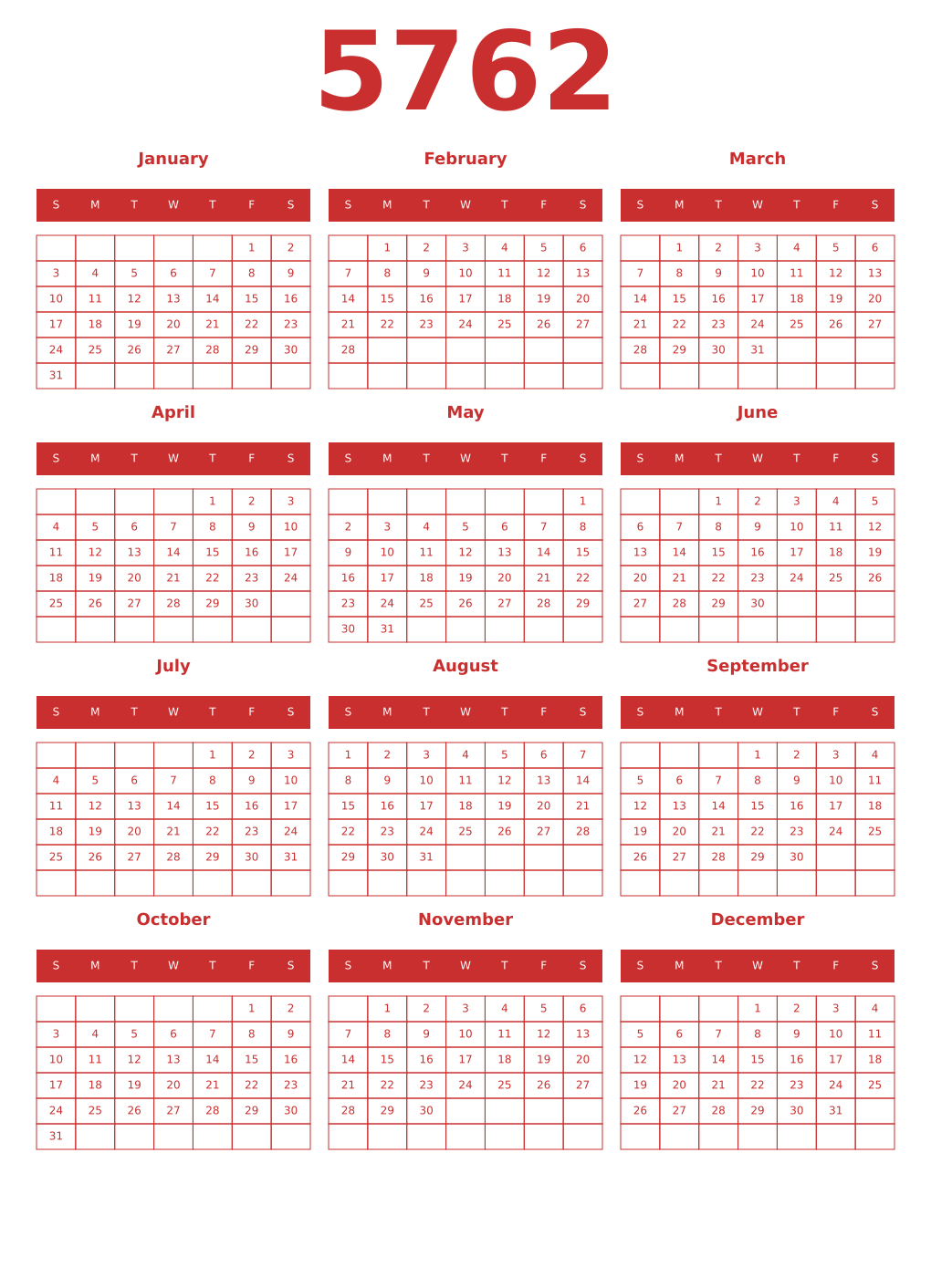 Printable 5762 Year Calendars red
