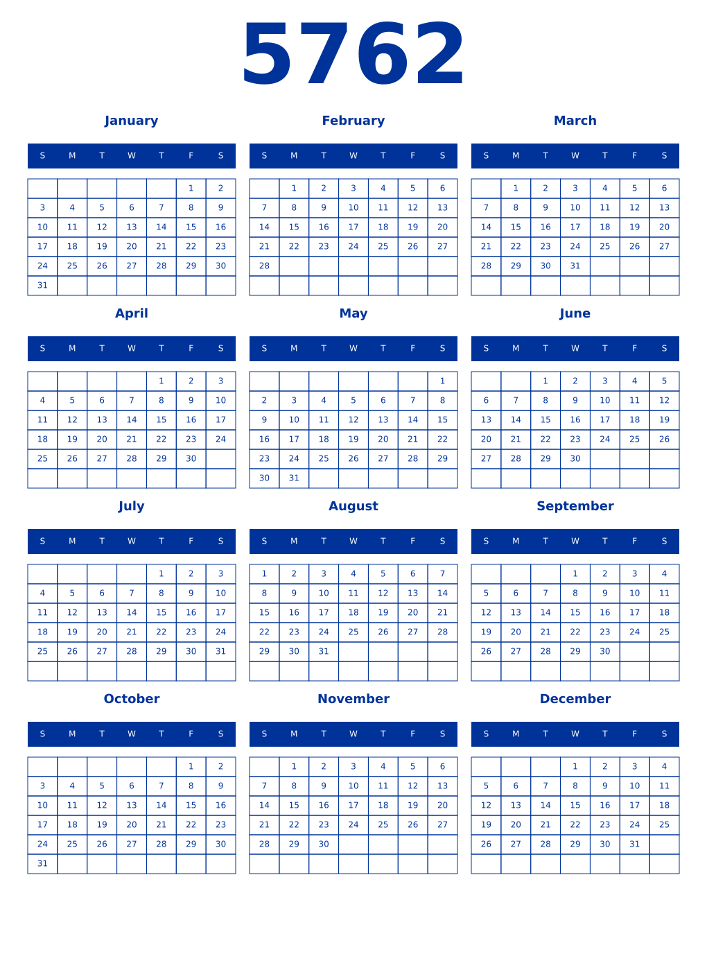 Printable 5762 Year Calendars smalt