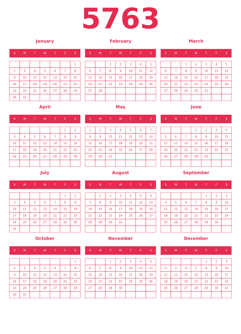 Printable 5763 Year Calendars amaranth