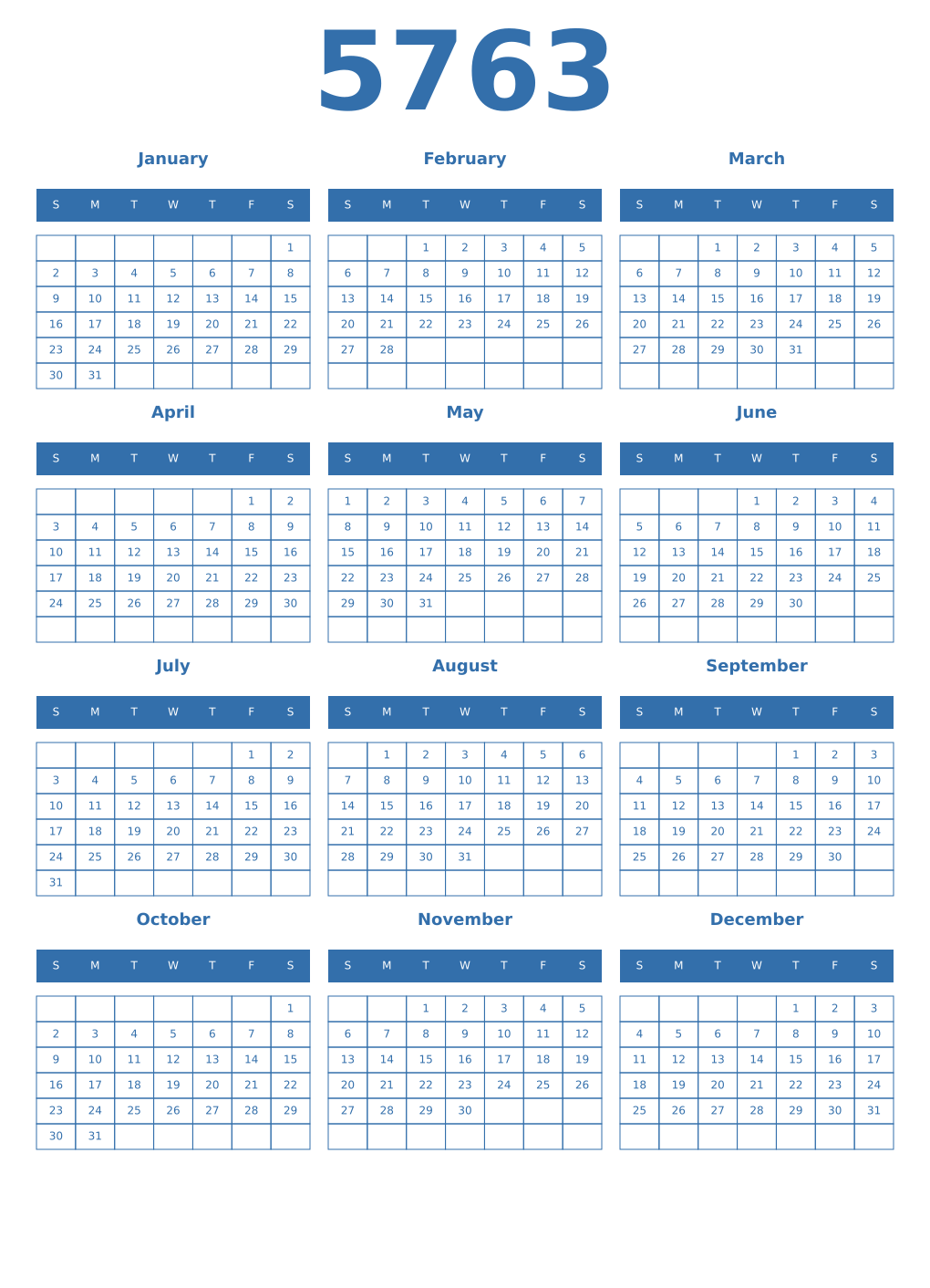Printable 5763 Year Calendars blue
