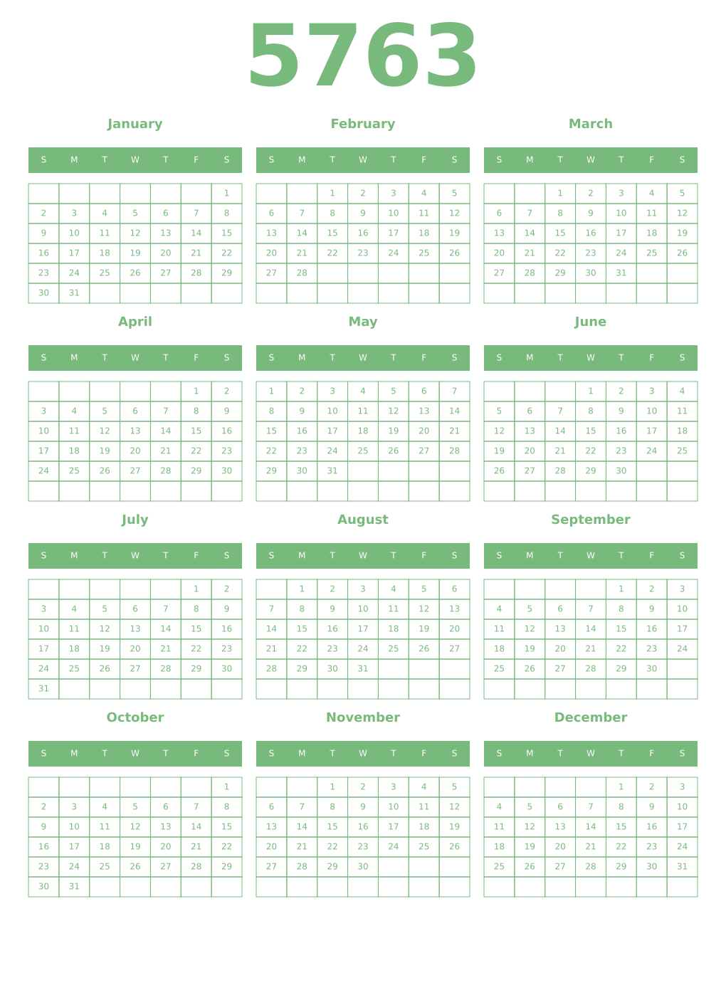 Printable 5763 Year Calendars celadon