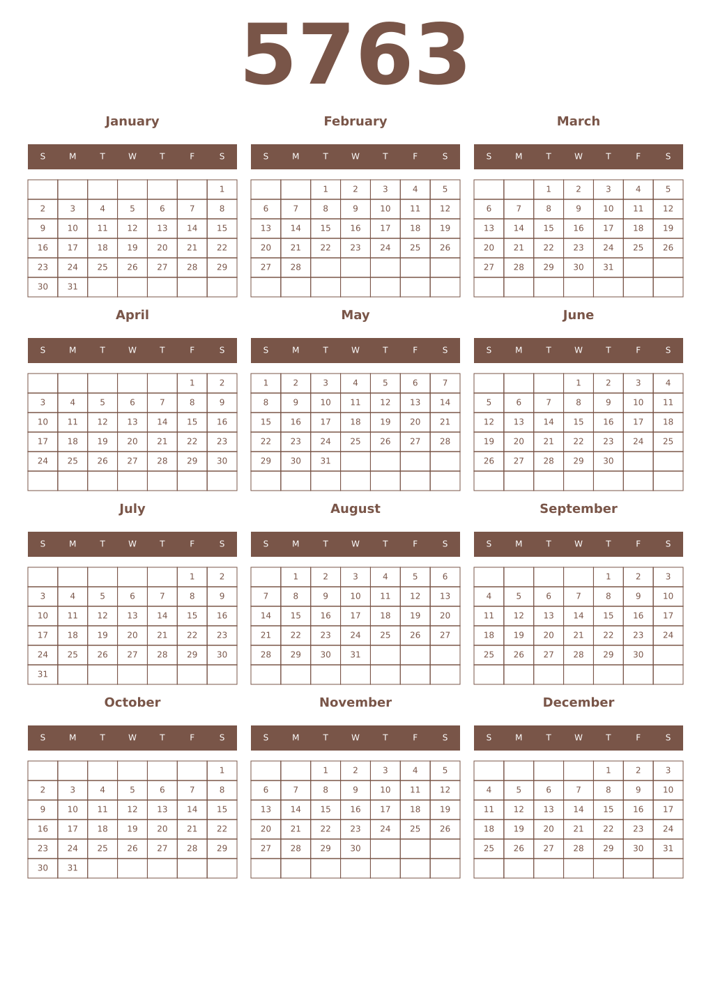 Printable 5763 Year Calendars coffe