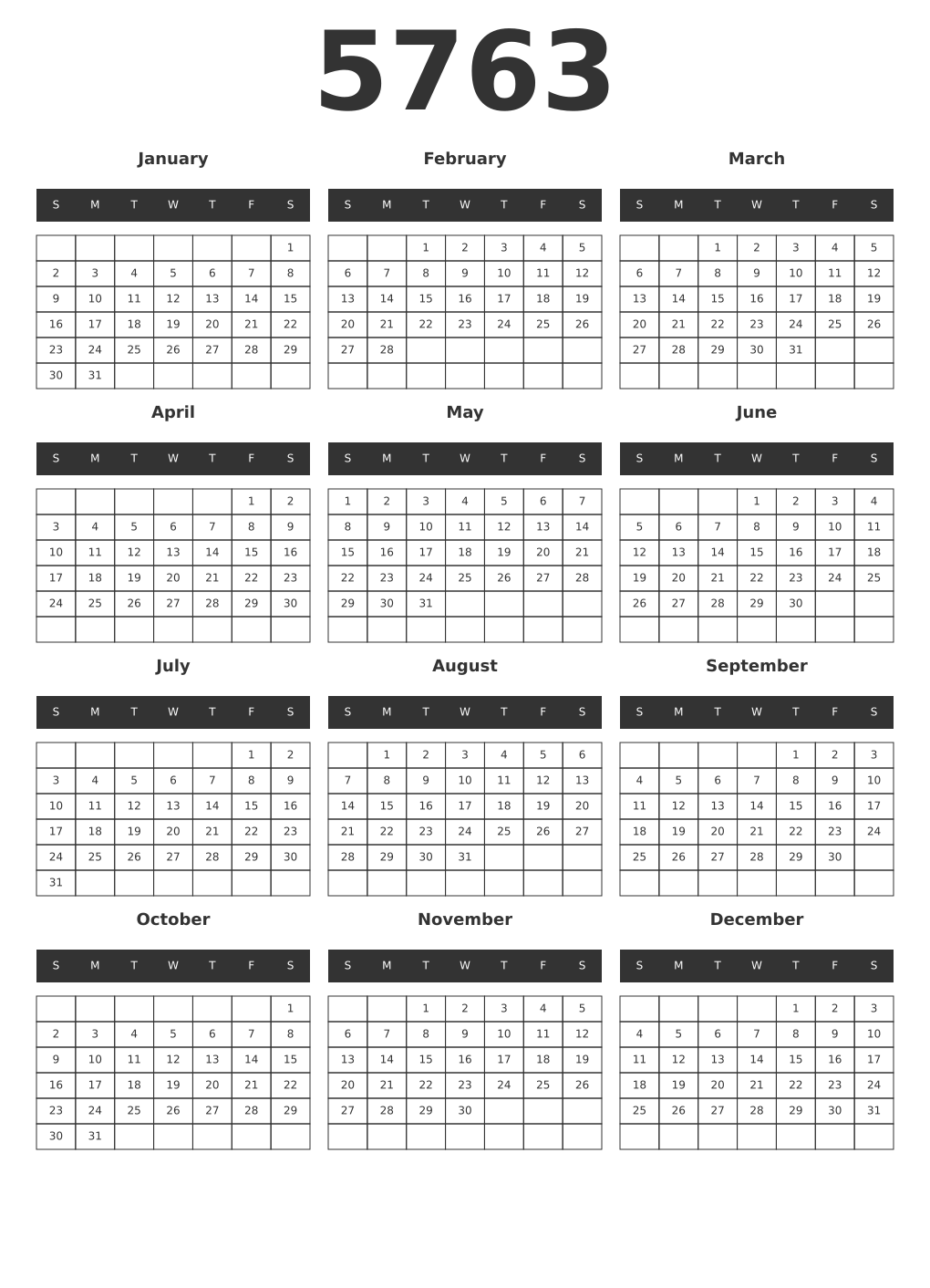 Printable 5763 Year Calendars dark