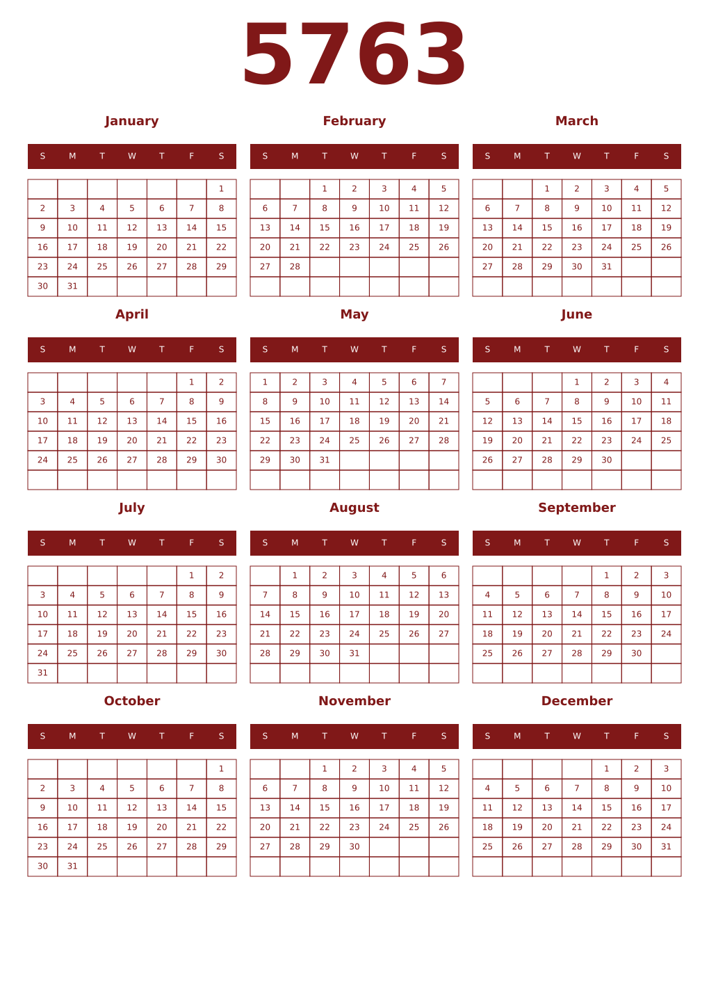 Printable 5763 Year Calendars falu