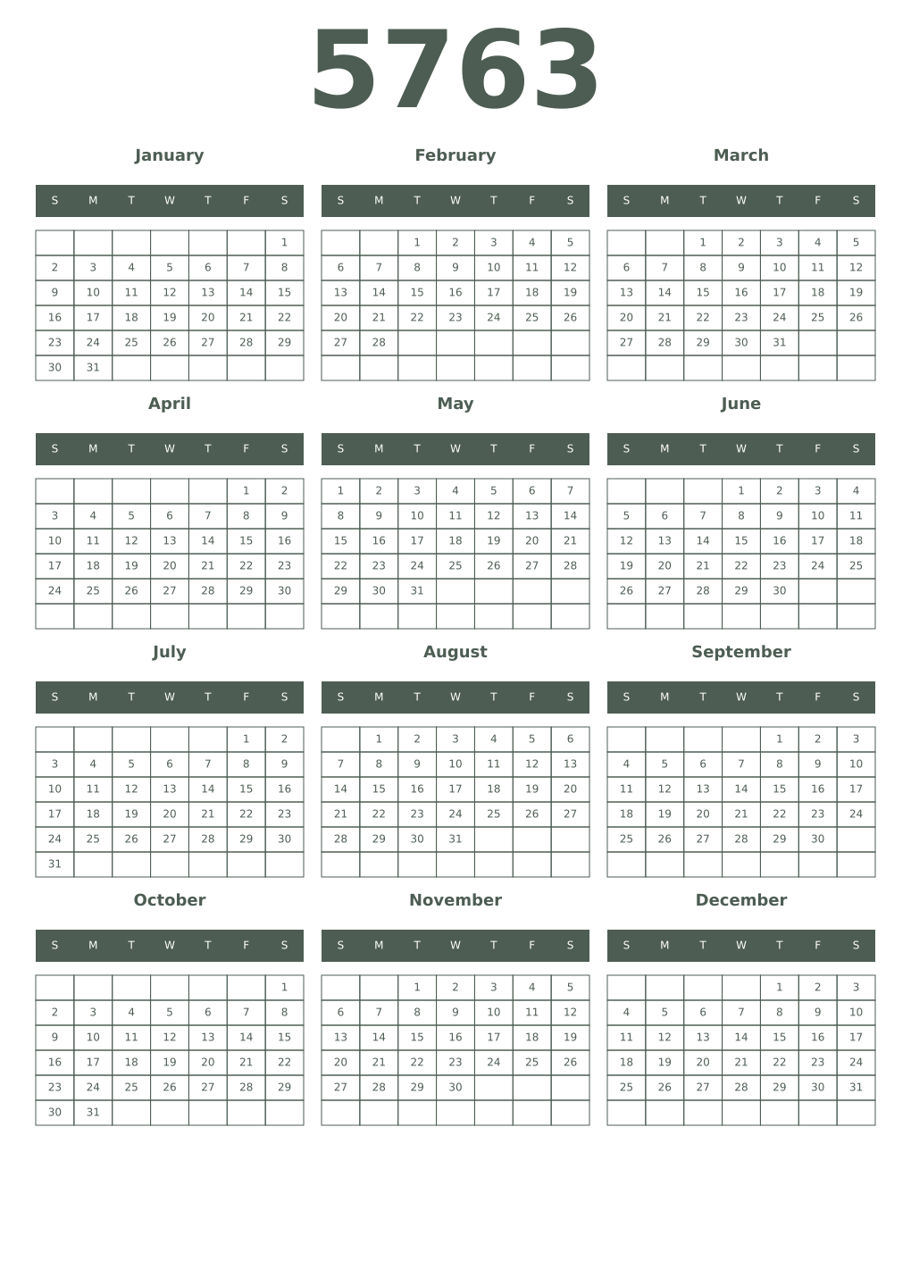 Printable 5763 Year Calendars feldgrau