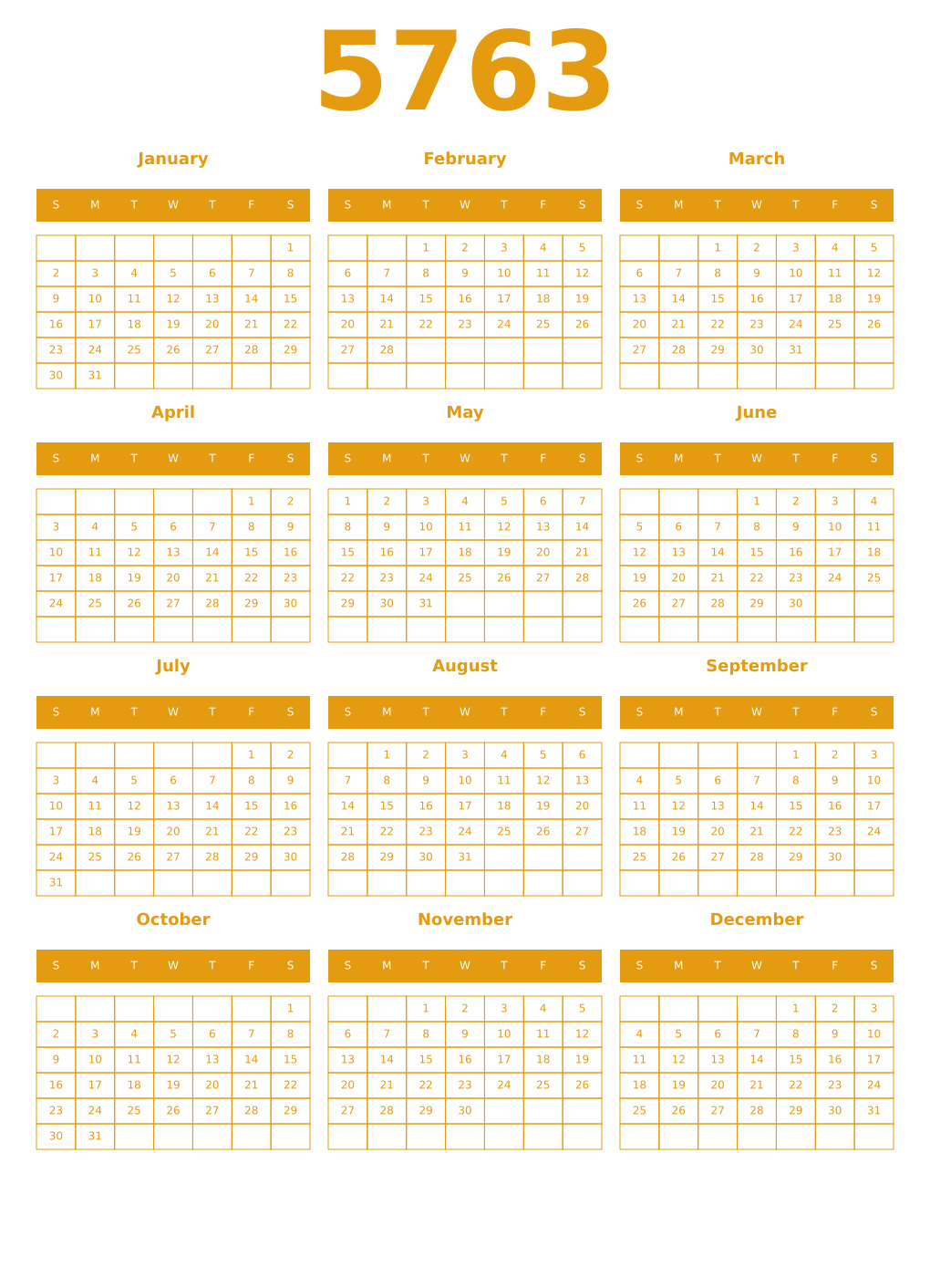 Printable 5763 Year Calendars gamboge