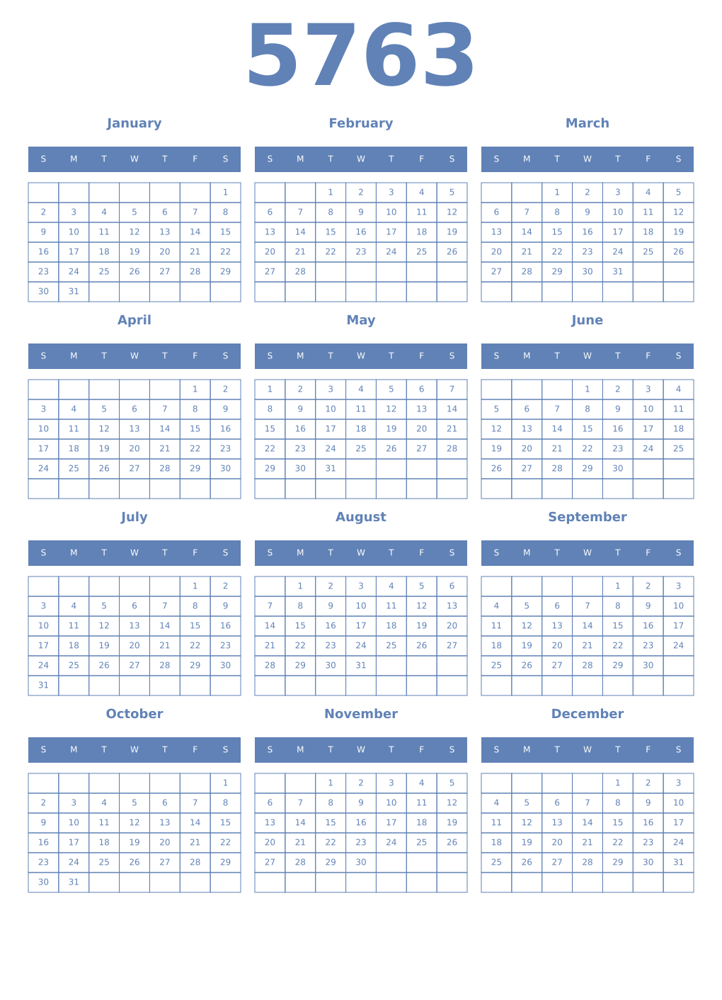 Printable 5763 Year Calendars glaucous