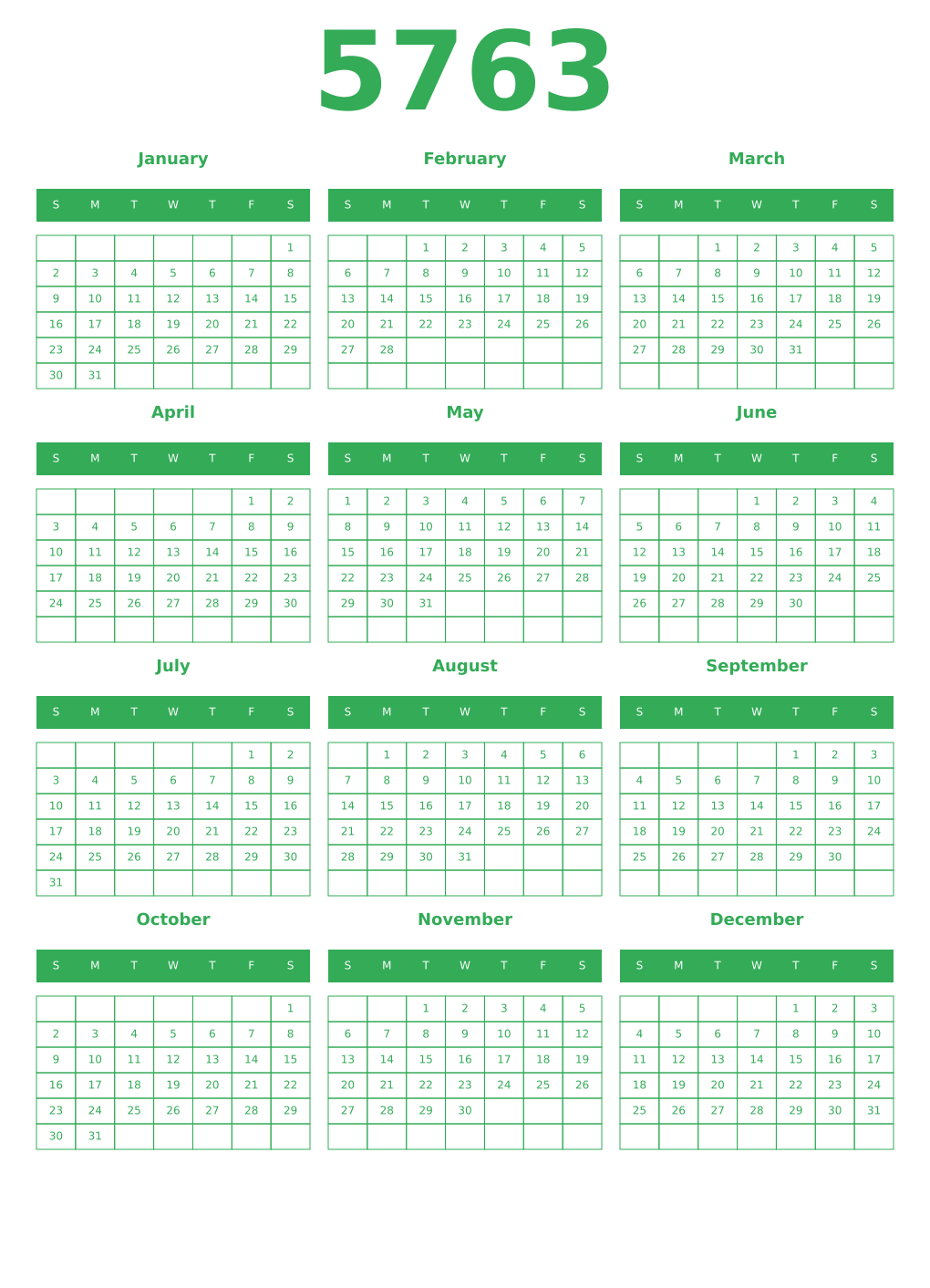 Printable 5763 Year Calendars green
