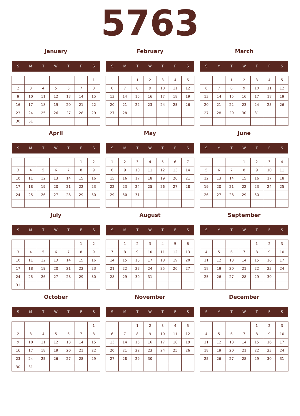 Printable 5763 Year Calendars mortuum