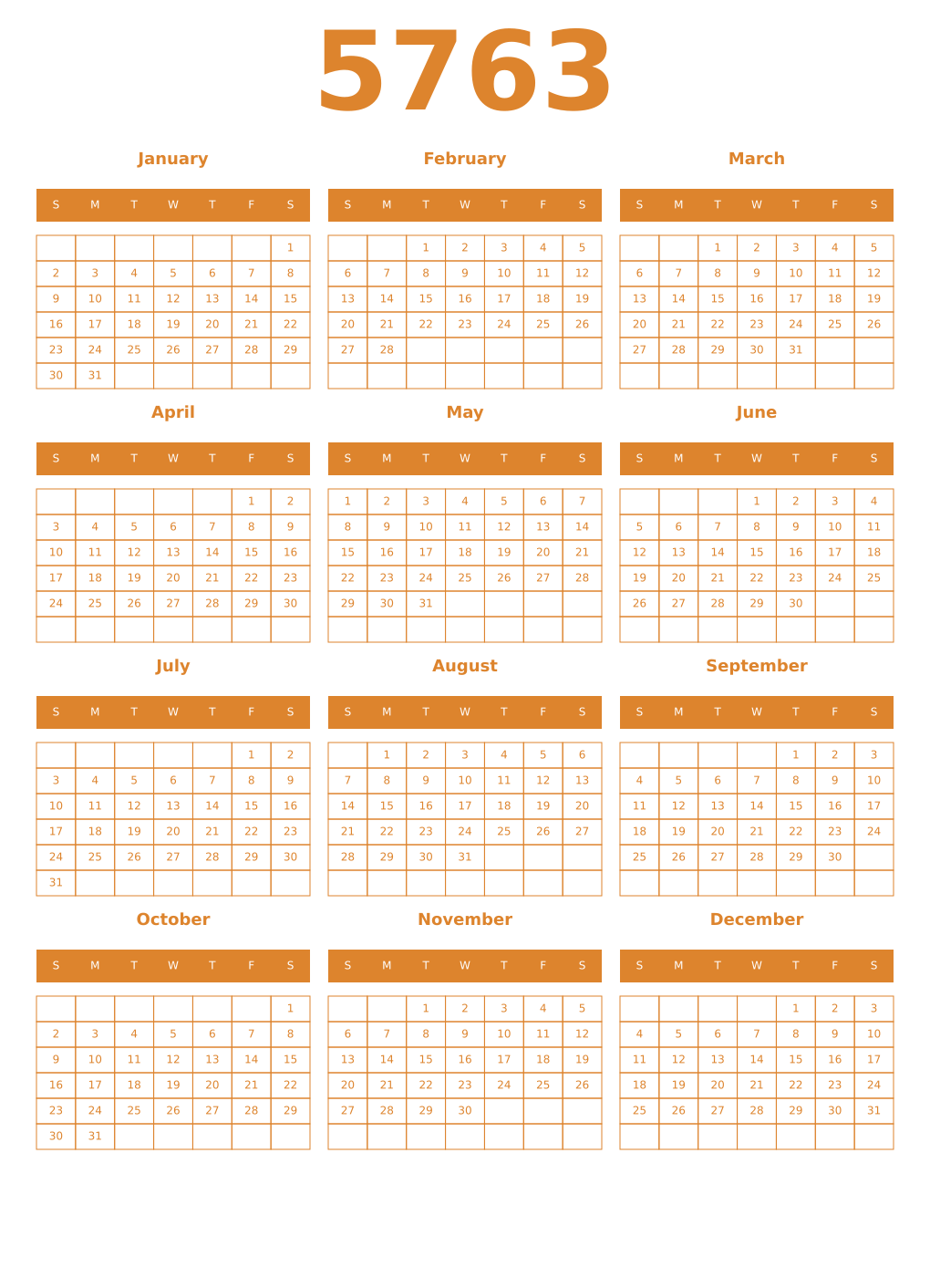 Printable 5763 Year Calendars orange