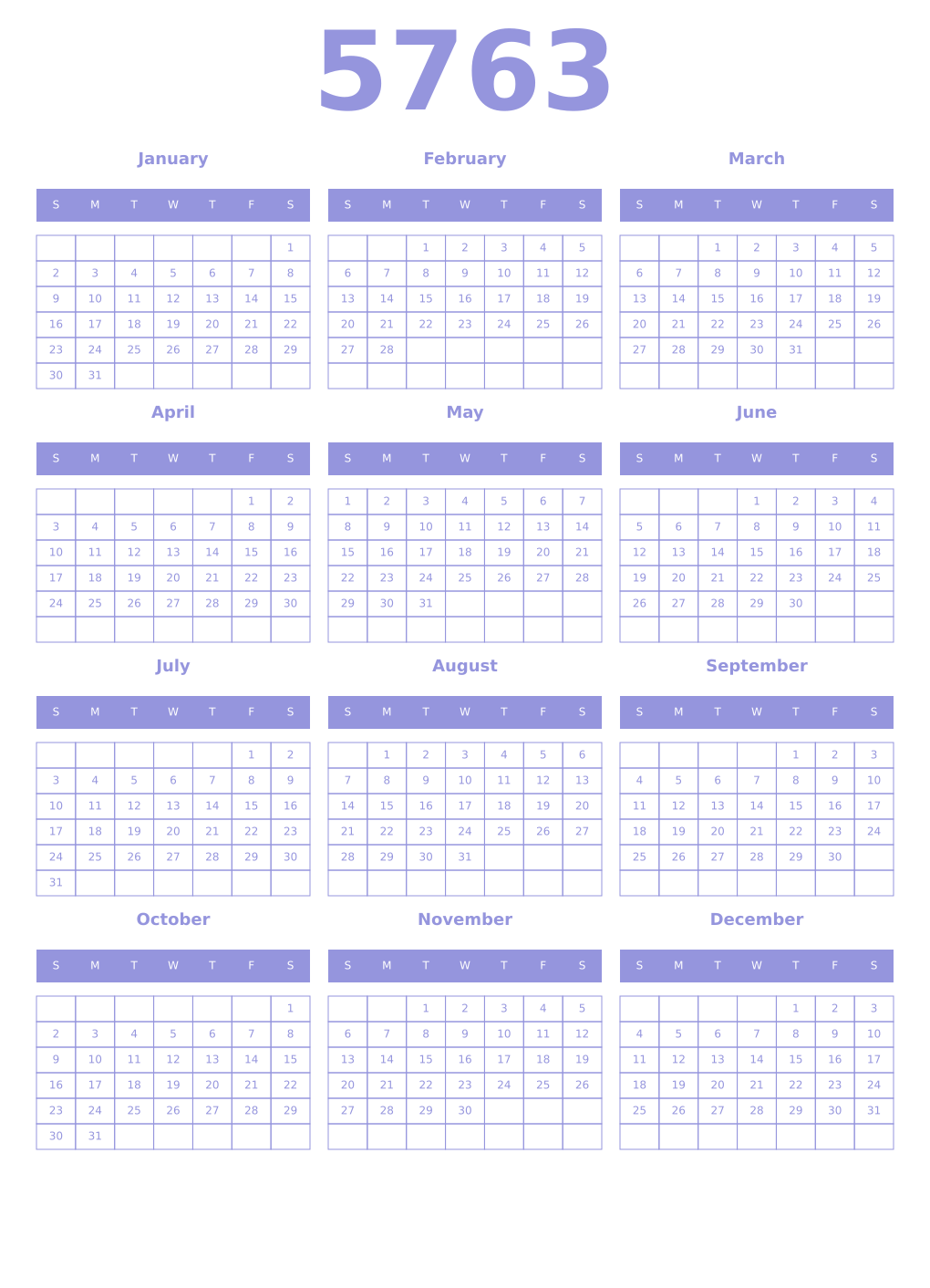 Printable 5763 Year Calendars periwinkle