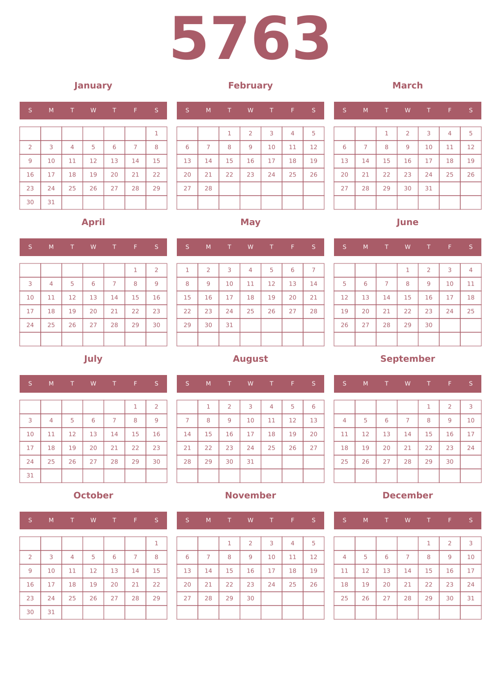 Printable 5763 Year Calendars puce