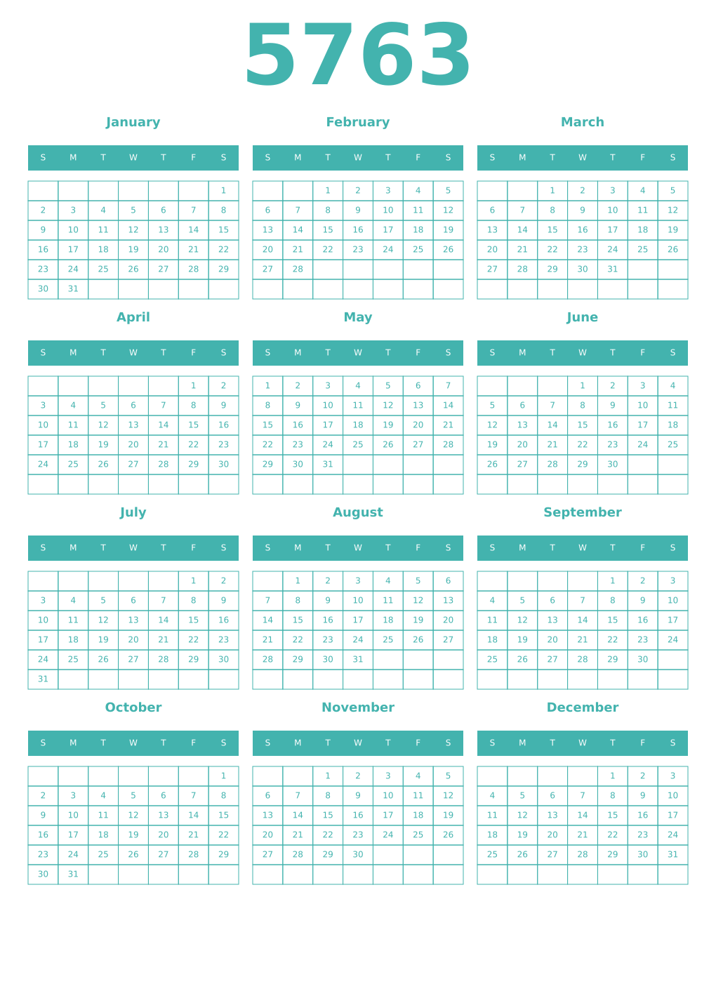 Printable 5763 Year Calendars verdigris