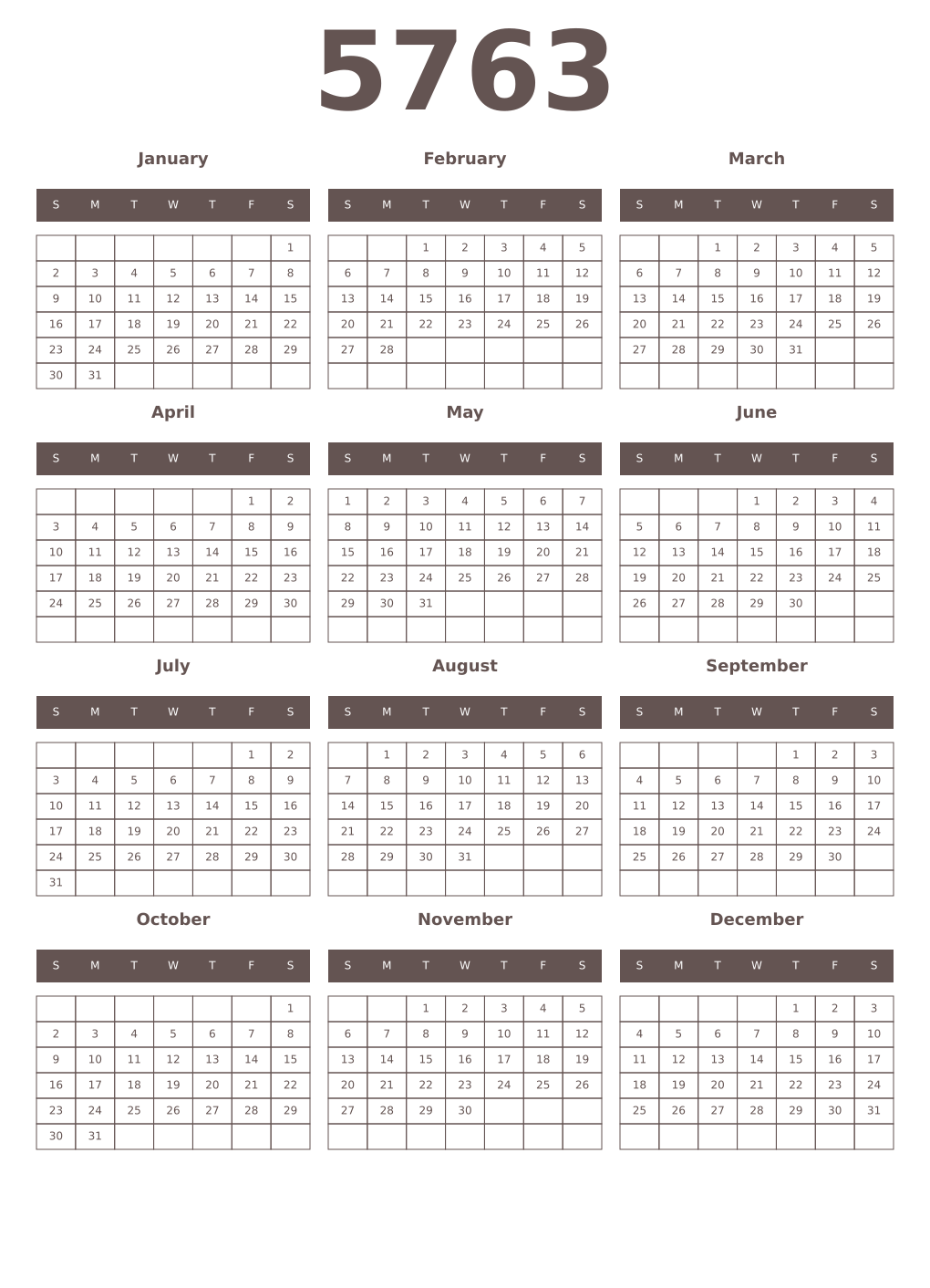 Printable 5763 Year Calendars wenge