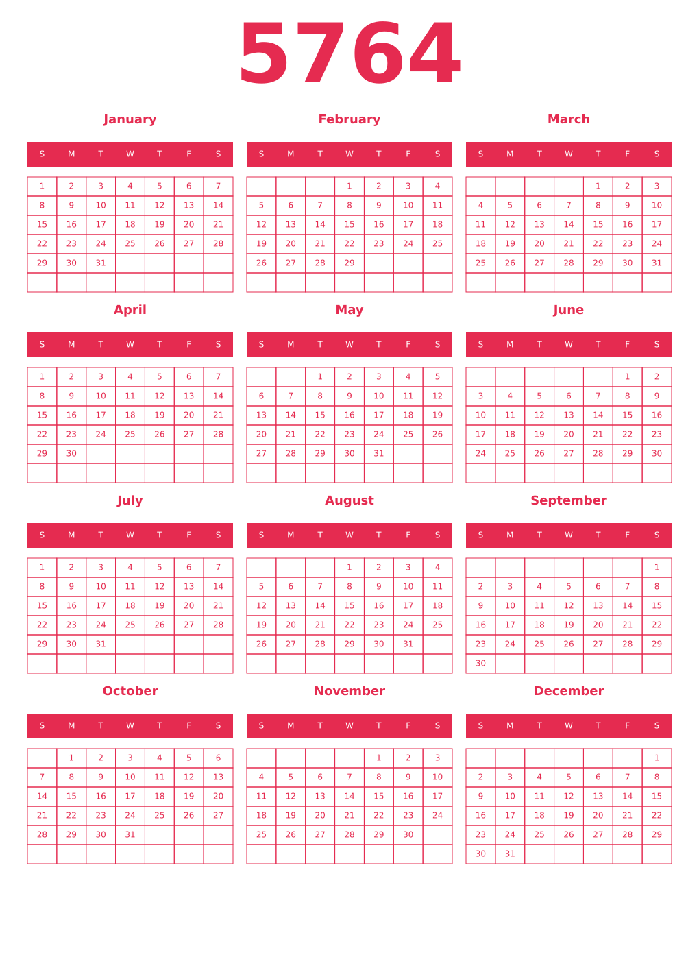 Printable 5764 Year Calendars amaranth