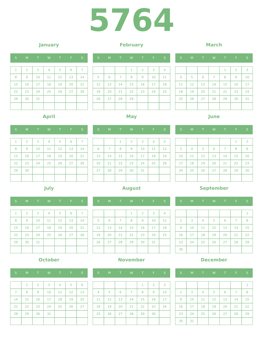 Printable 5764 Year Calendars celadon