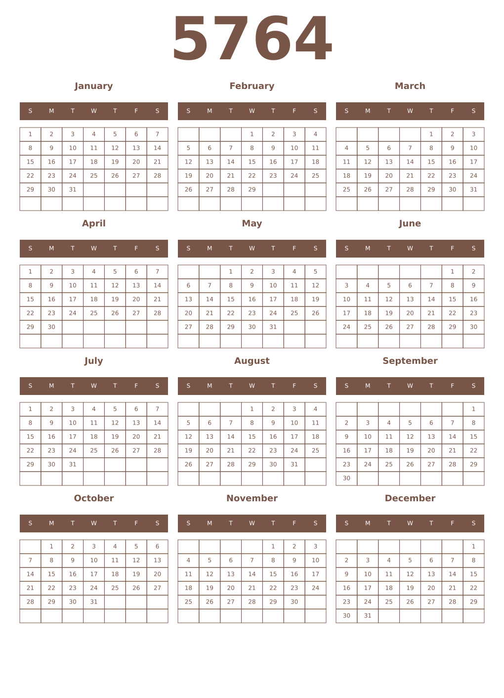 Printable 5764 Year Calendars coffe