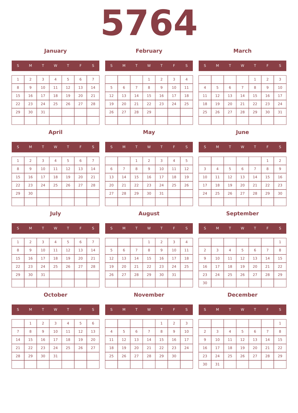 Printable 5764 Year Calendars cordovan
