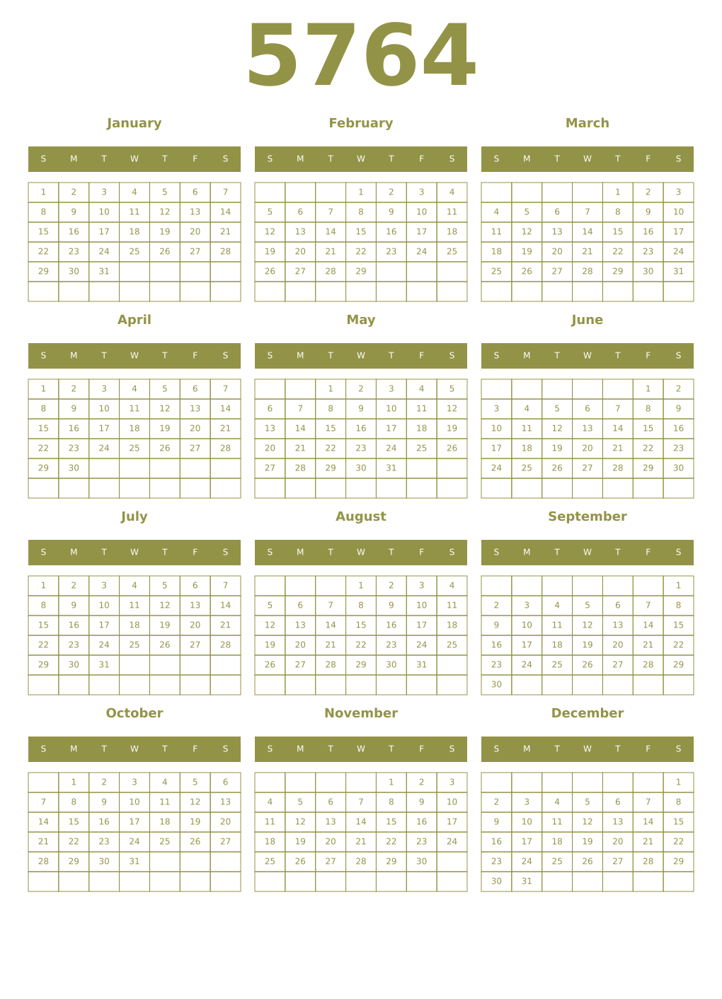 Printable 5764 Year Calendars eburnean