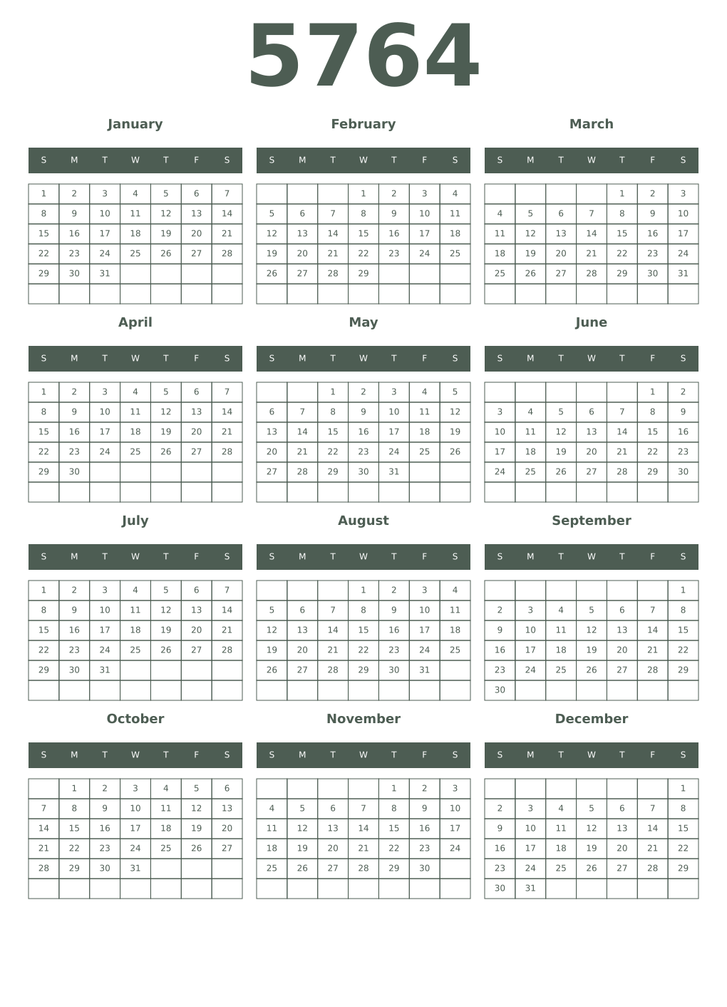 Printable 5764 Year Calendars feldgrau