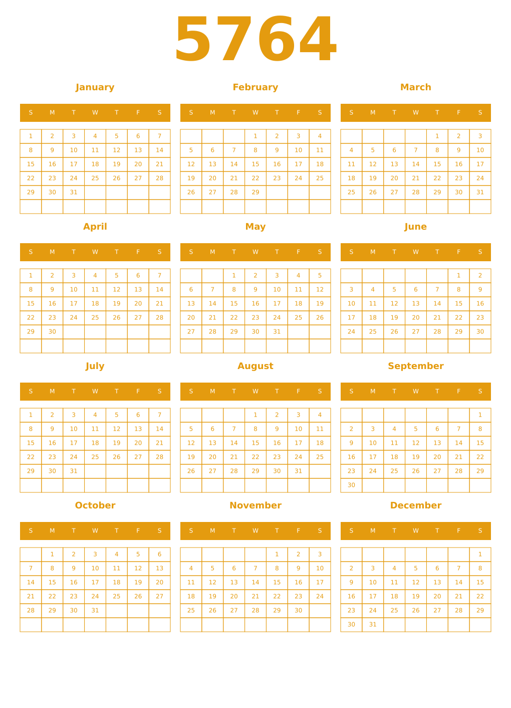 Printable 5764 Year Calendars gamboge