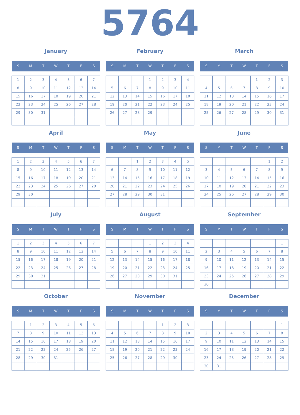 Printable 5764 Year Calendars glaucous