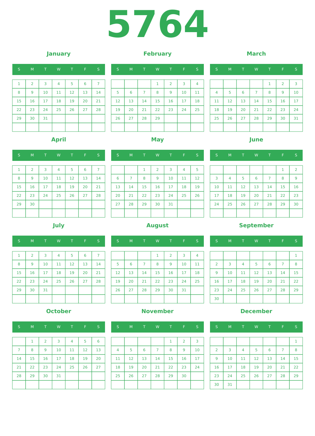 Printable 5764 Year Calendars green