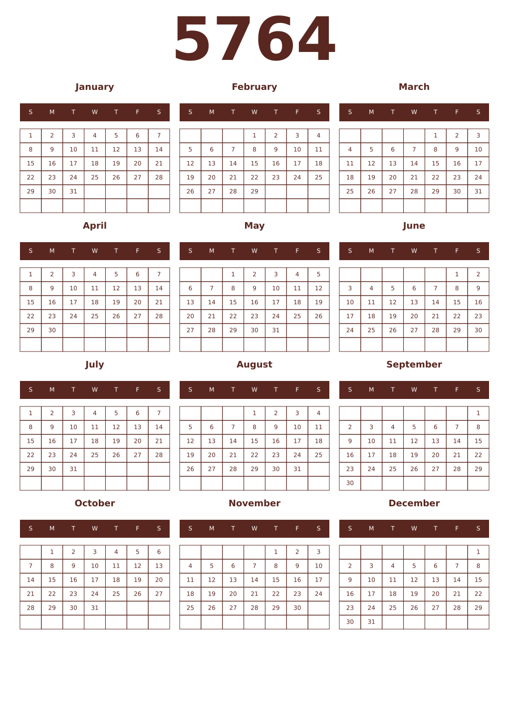 Printable 5764 Year Calendars mortuum