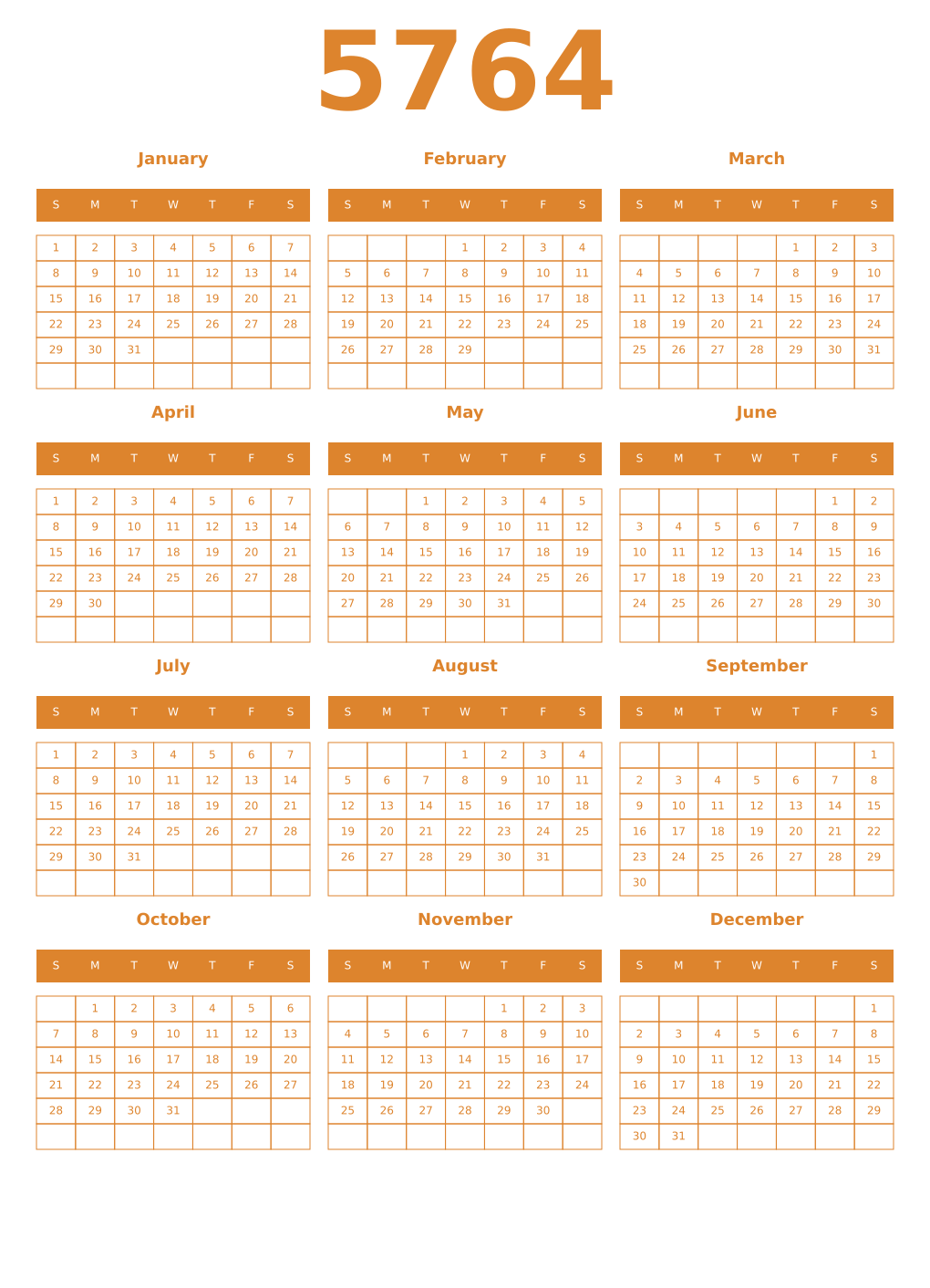 Printable 5764 Year Calendars orange