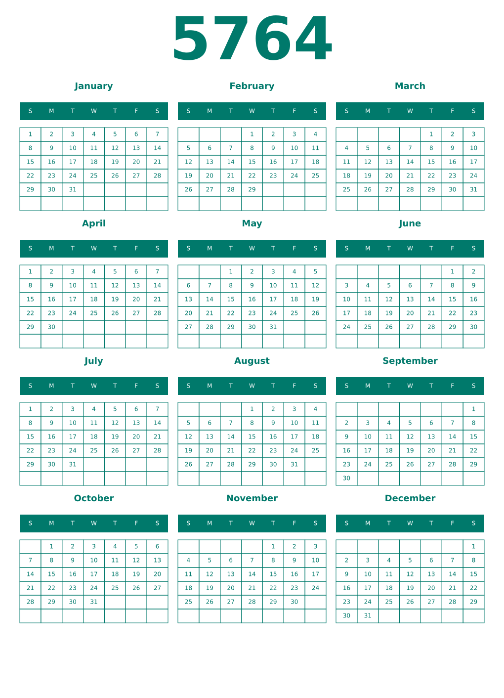 Printable 5764 Year Calendars pastel