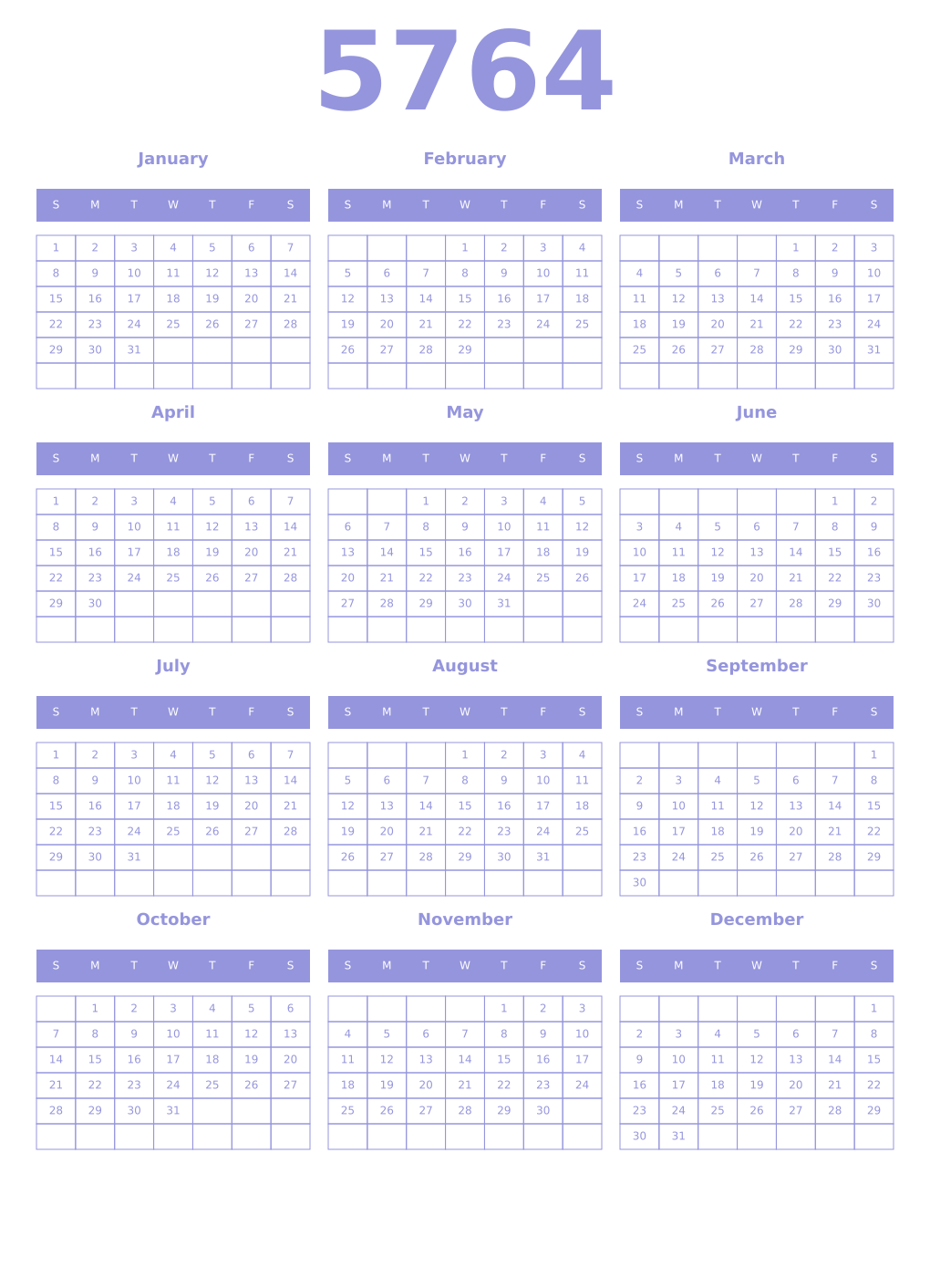 Printable 5764 Year Calendars periwinkle