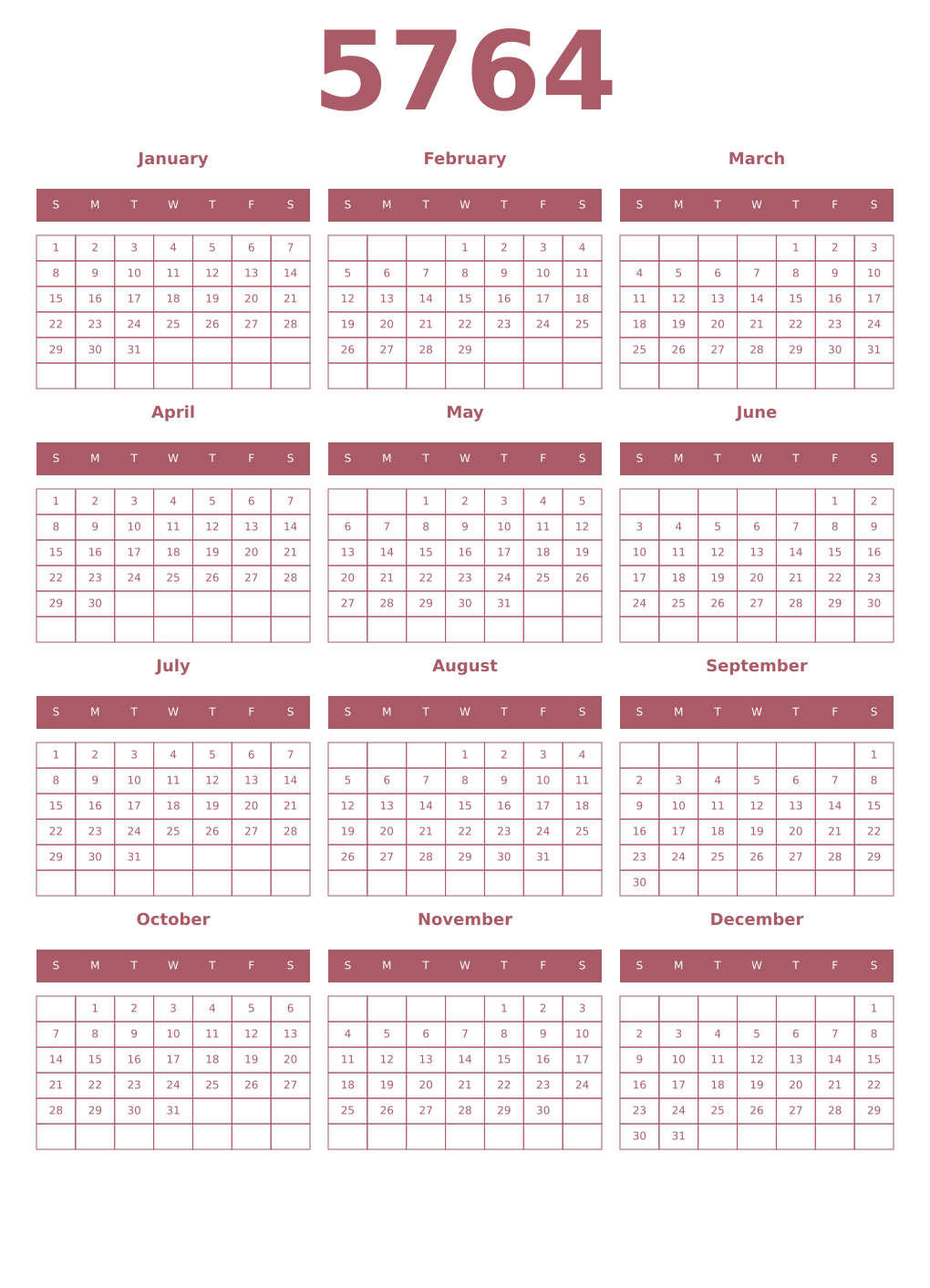 Printable 5764 Year Calendars puce