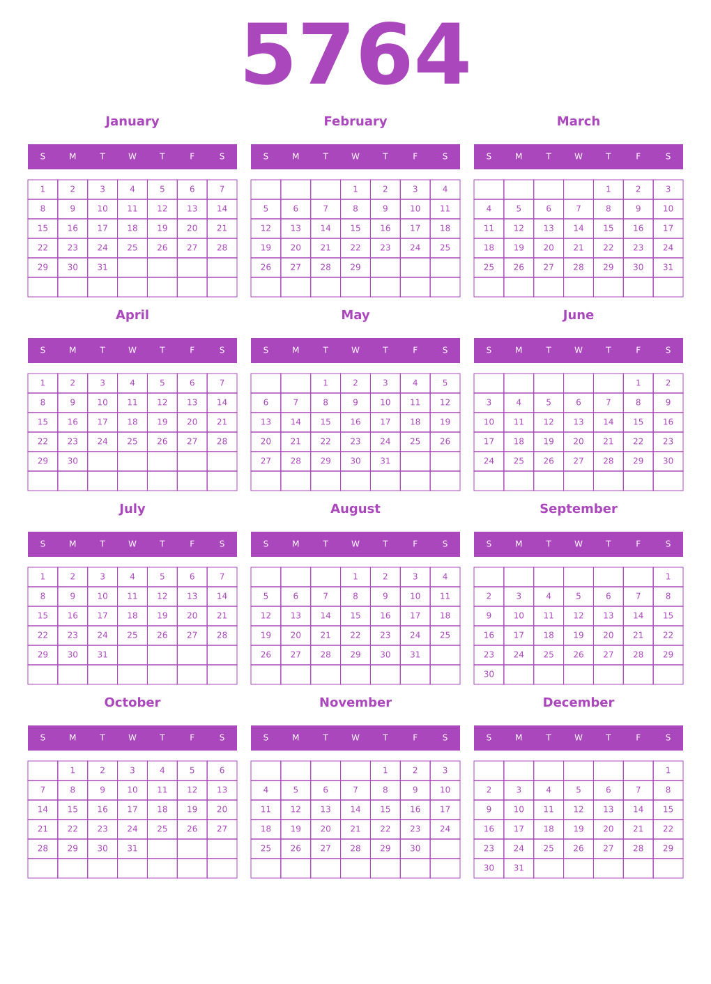 Printable 5764 Year Calendars purple
