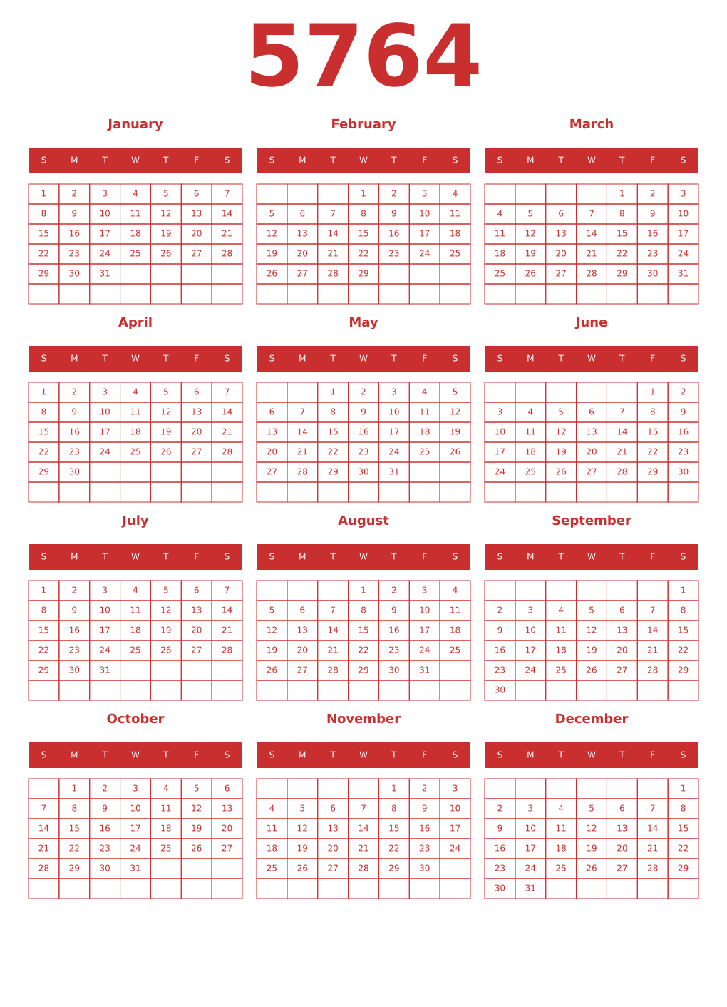 Printable 5764 Year Calendars red