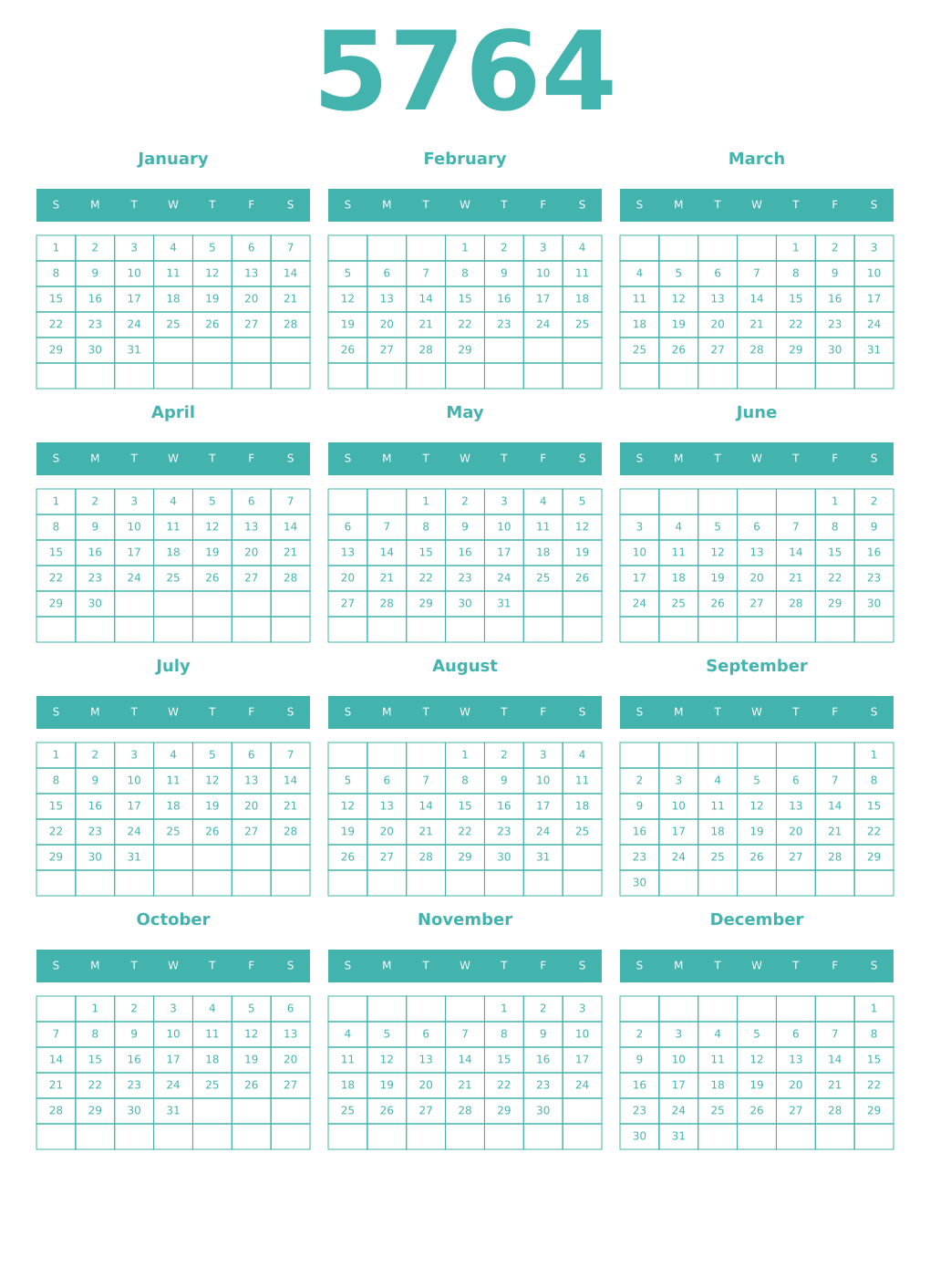 Printable 5764 Year Calendars verdigris