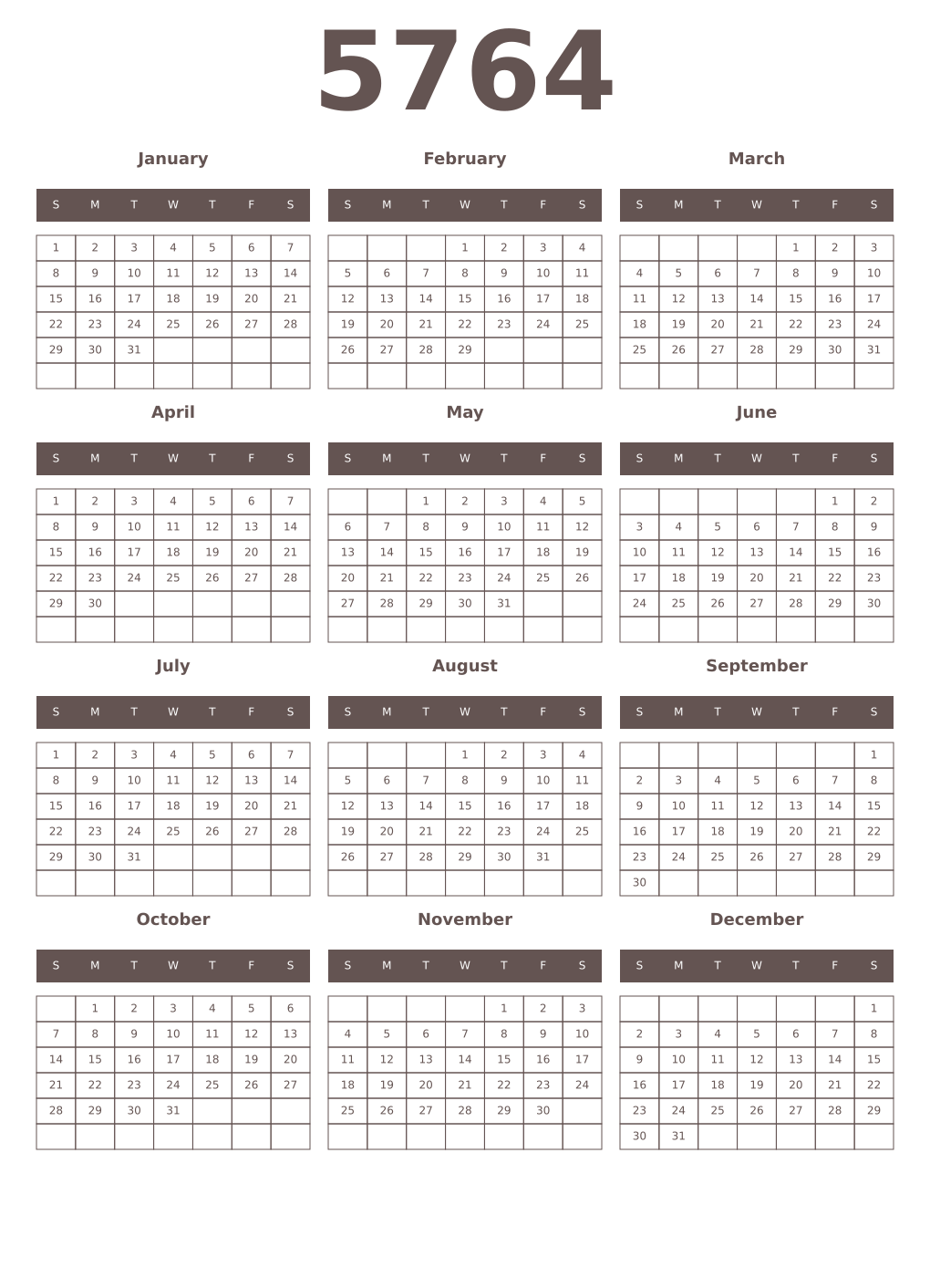 Printable 5764 Year Calendars wenge