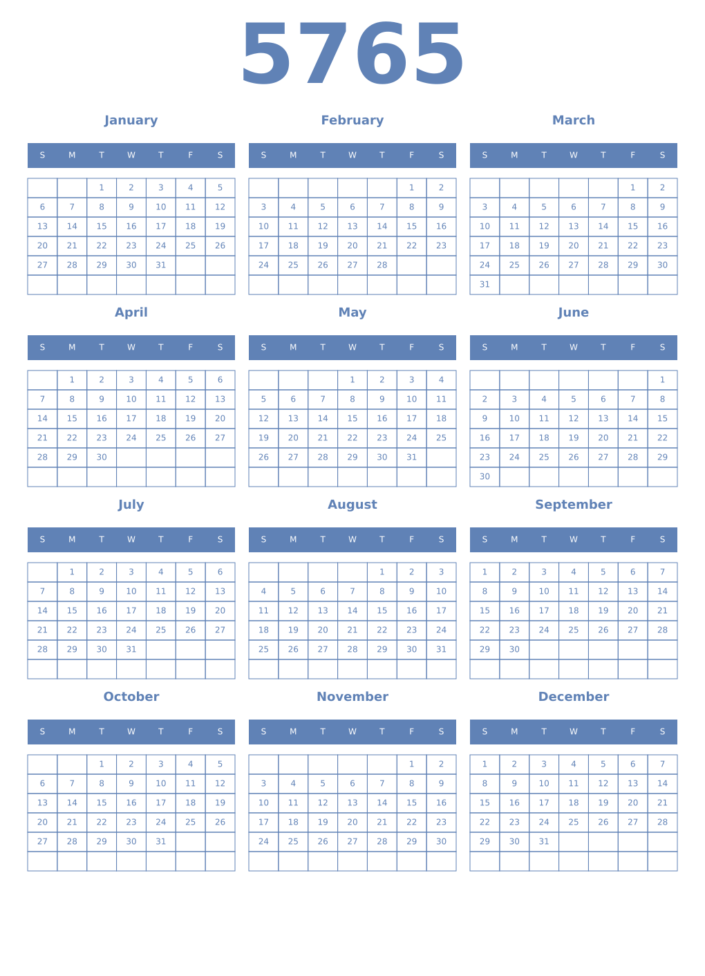 Printable 5765 Year Calendars glaucous