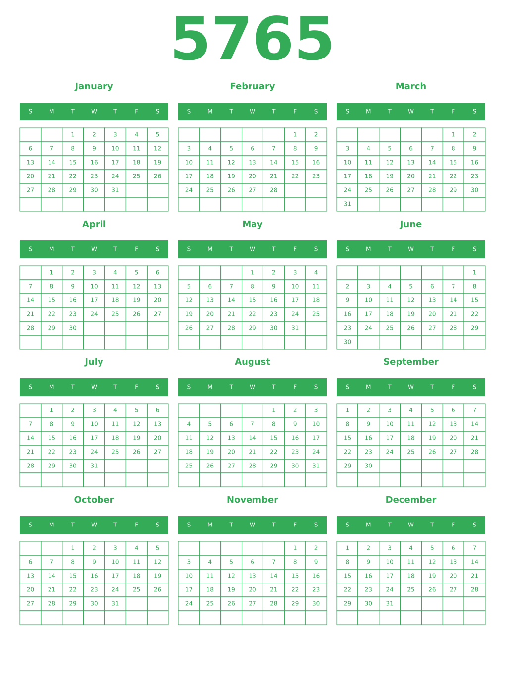 Printable 5765 Year Calendars green