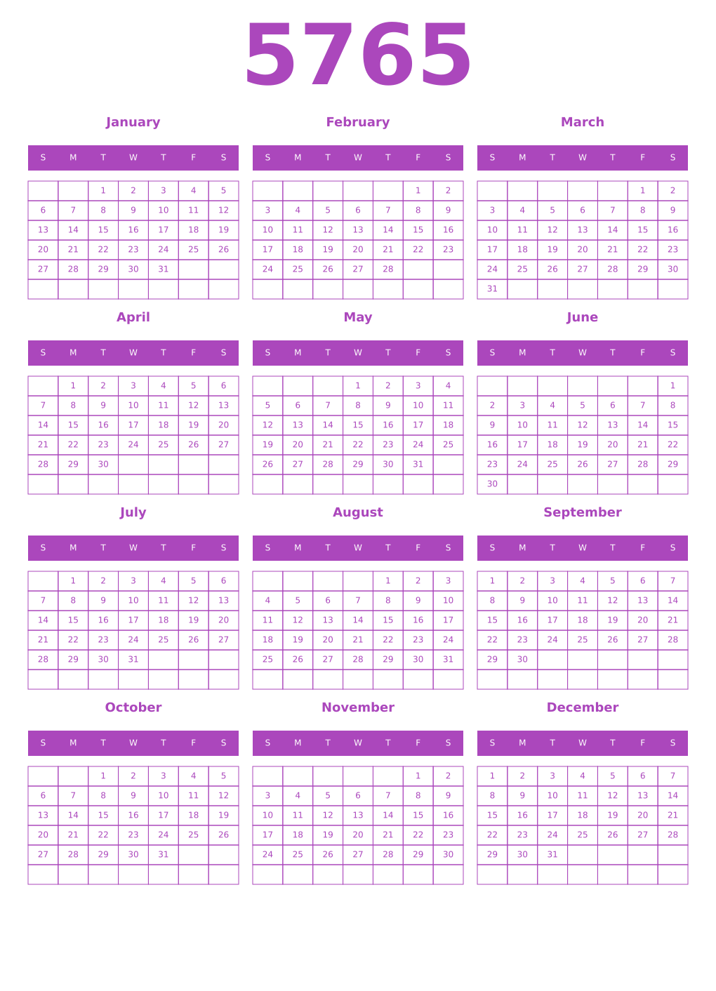 Printable 5765 Year Calendars purple
