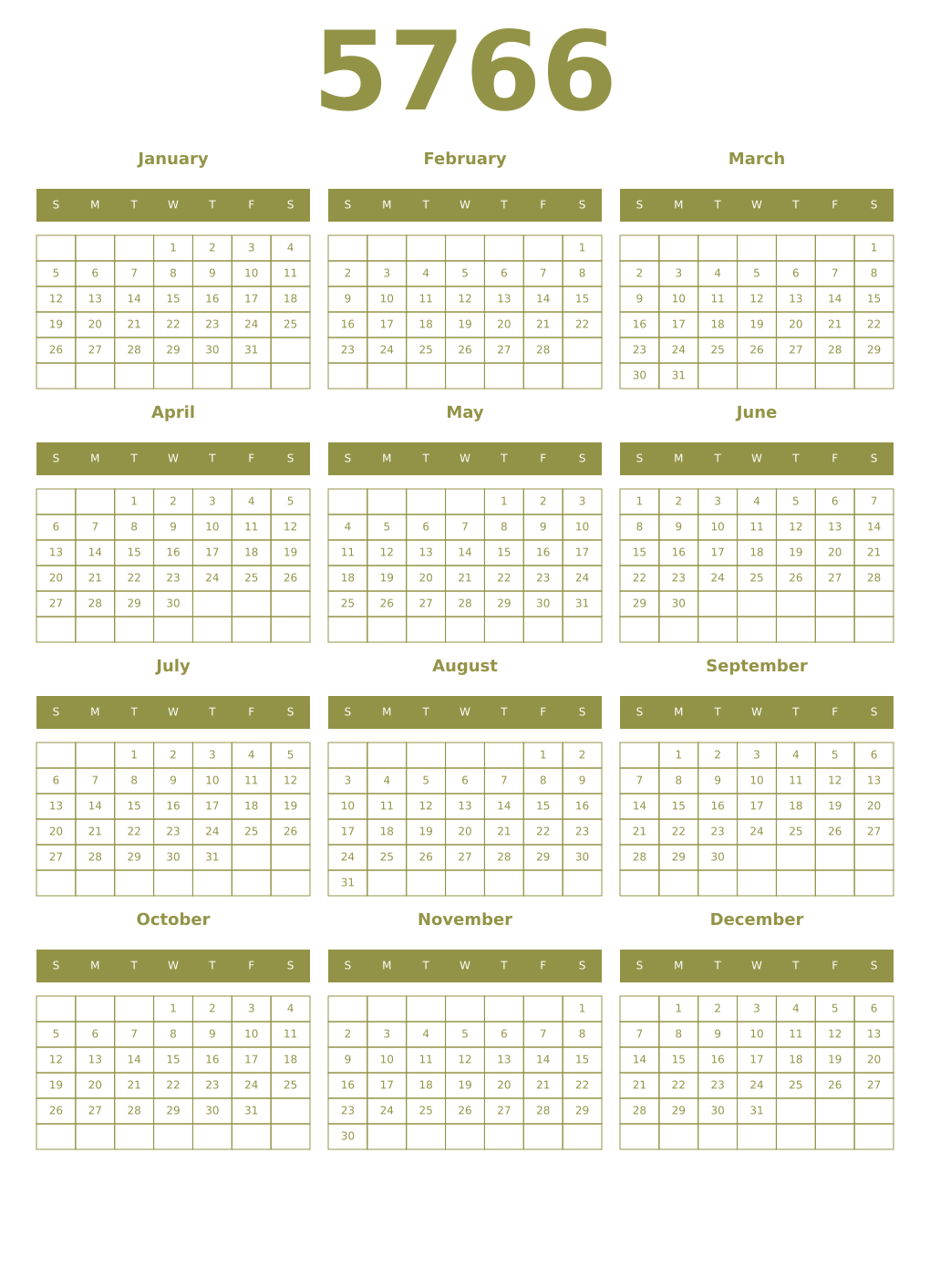 Printable 5766 Year Calendars eburnean