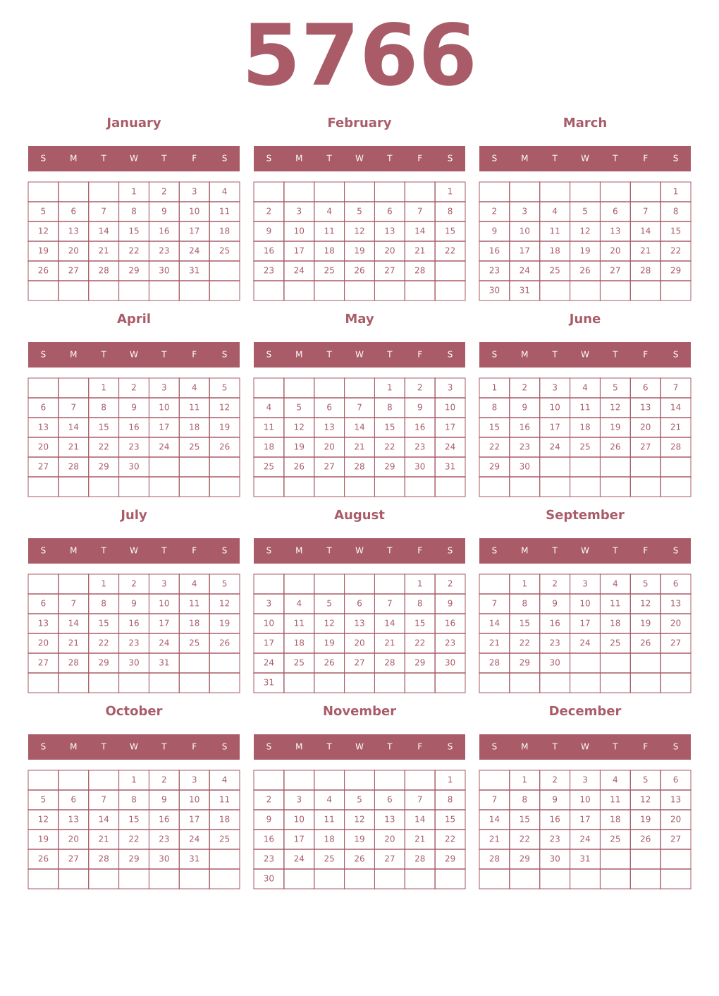 Printable 5766 Year Calendars puce